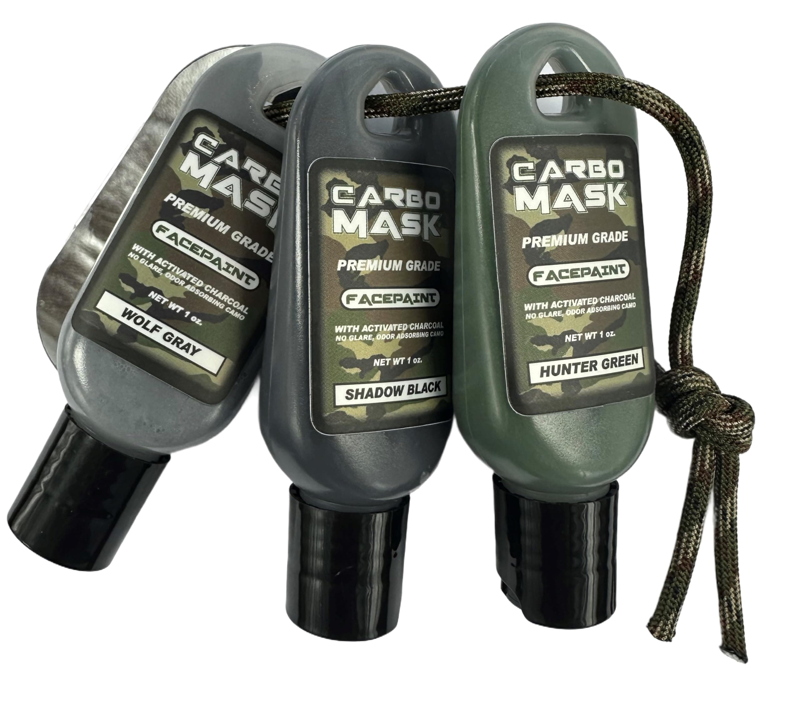Carbomask 1 oz. Three-Pack Camo Facepaint. No grease. No glare. Easy to remove.