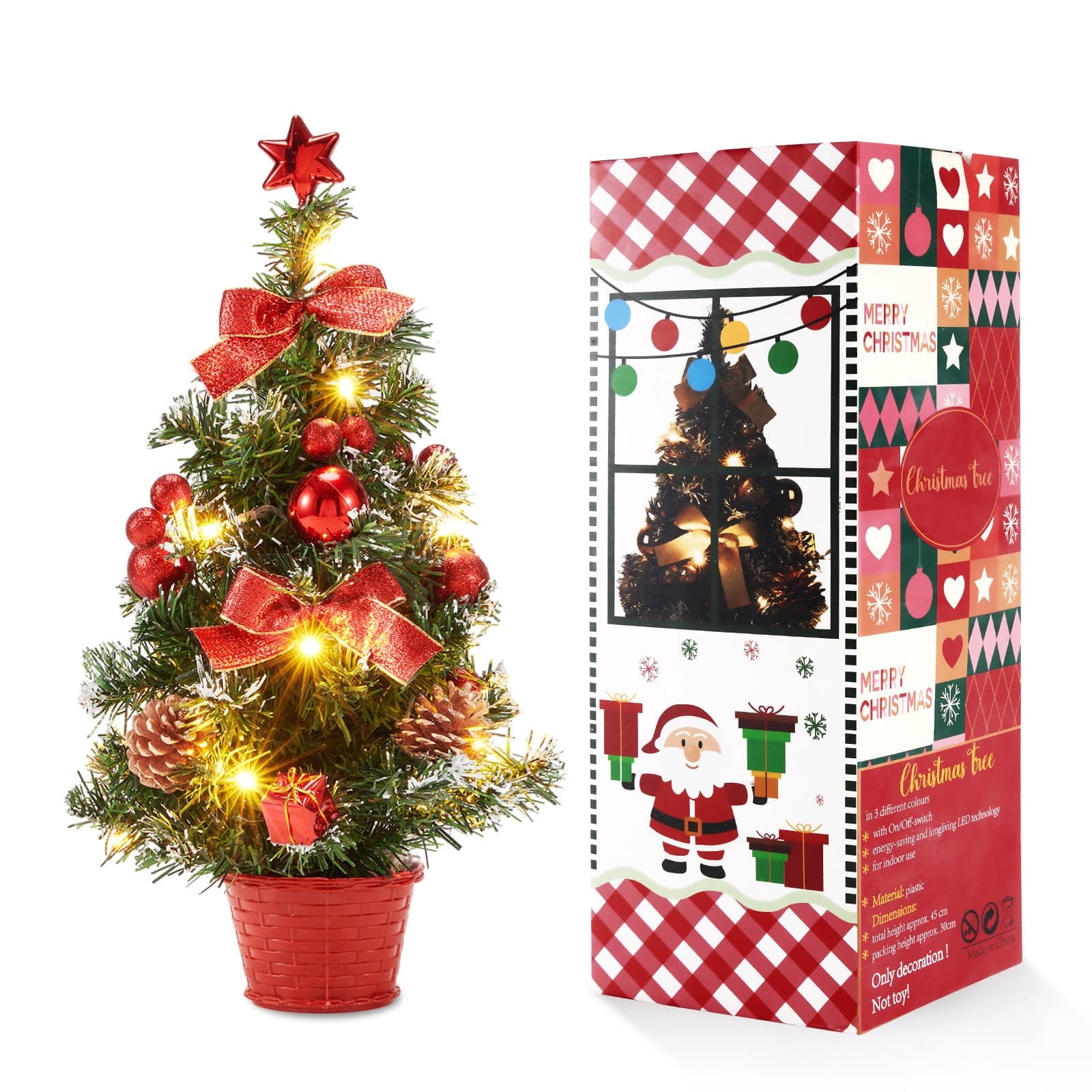 ESHOO 18 Inch Small Christmas Tree with Led Lights,Mini Desktop Decoration Xmas Tree with Lights, balls,Ornaments (Red)