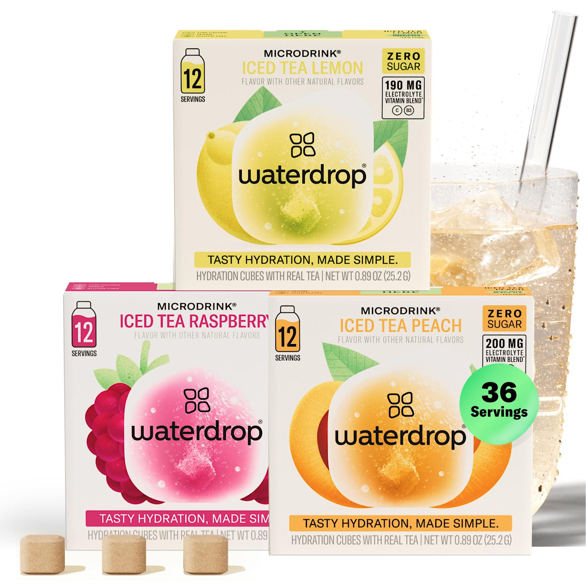 waterdrop MICRODRINK - Waterdrop Hydration Cubes Variety Pack with Iced Tea, Raspberry, Peach & Lemon, On-The-Go Water Enhancer
