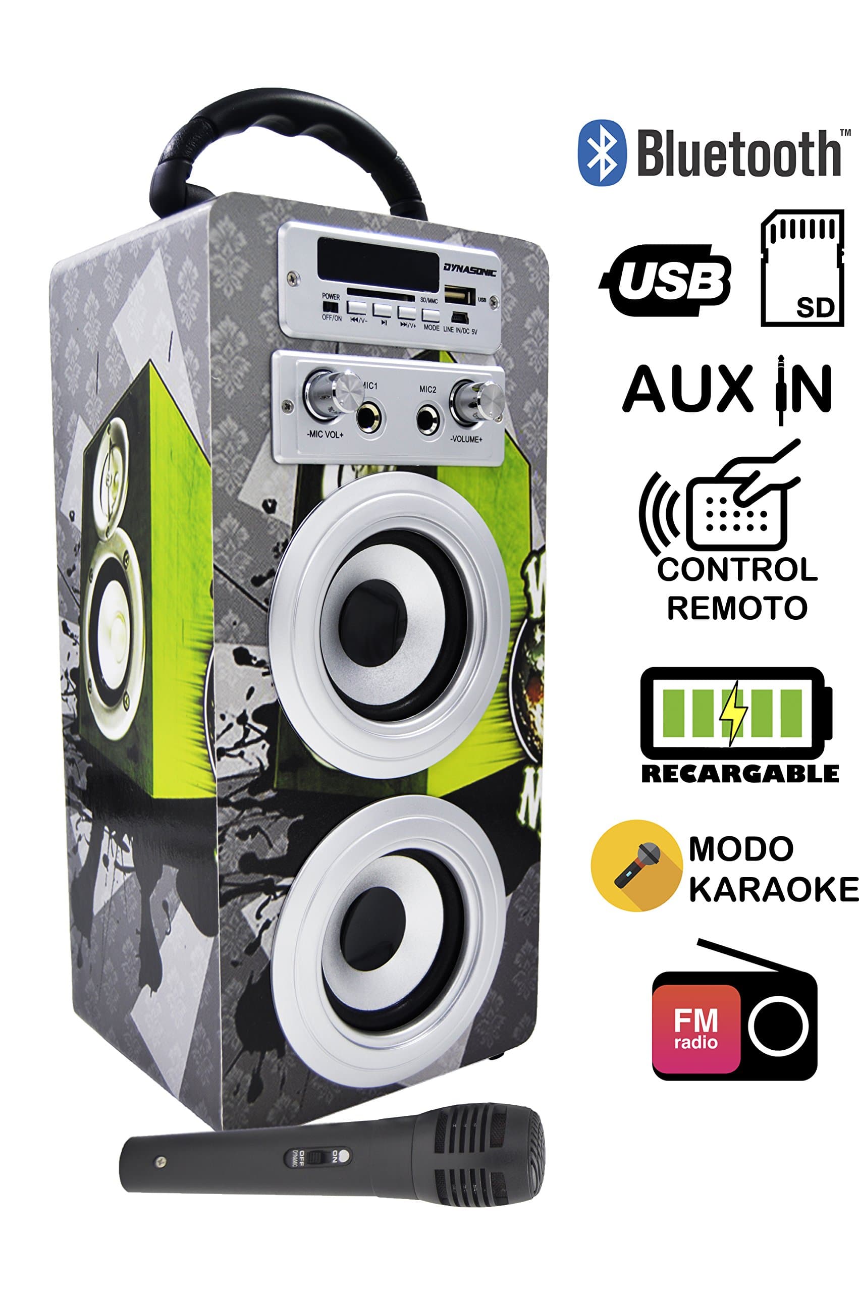 DYNASONIC Portable Bluetooth Speaker Karaoke with Microphone, 10 W Portable Wireless MP3 Player, USB SD Reader, FM Radio 025-5