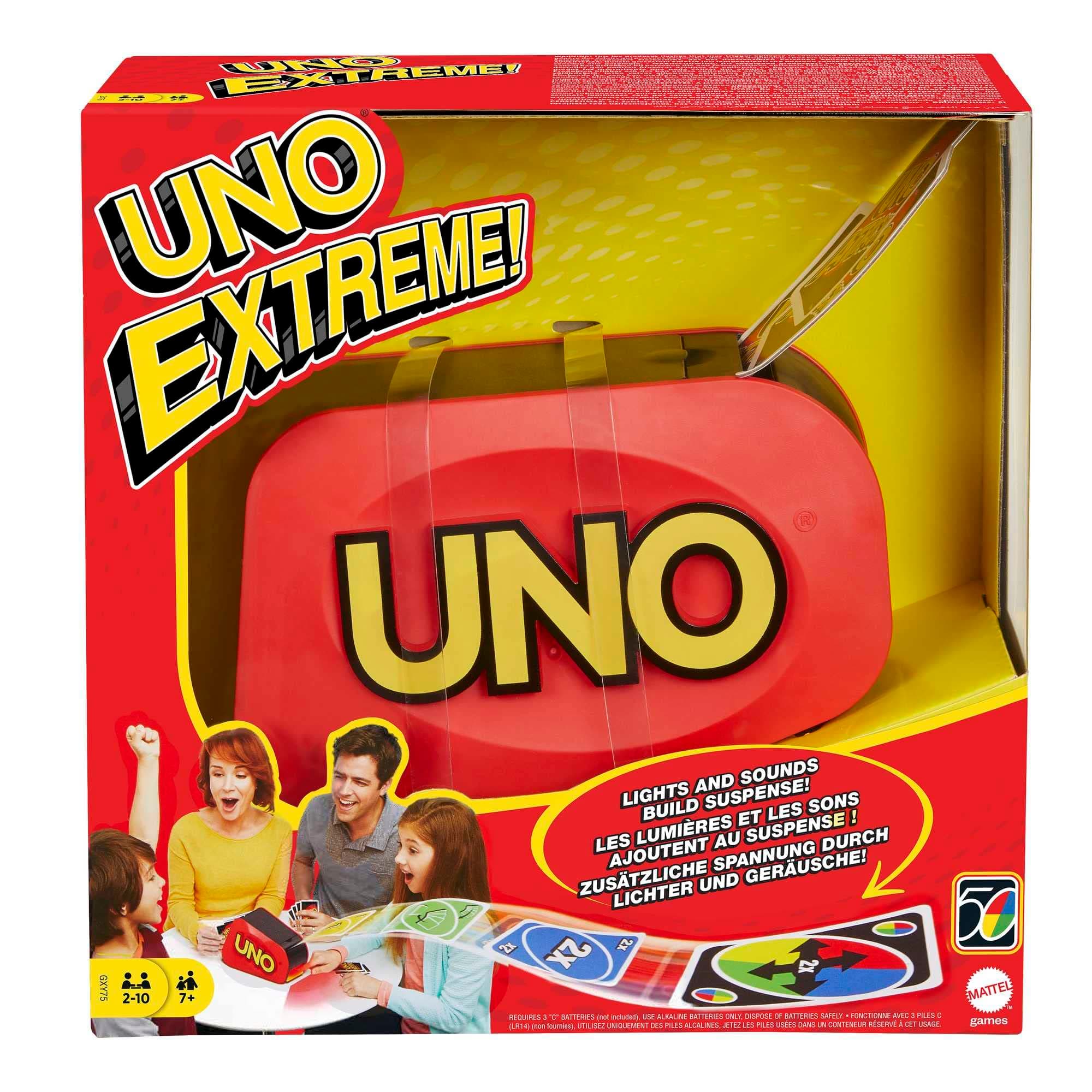UNO Extreme Card Game Featuring Random-Action Launcher with Lights & Sounds & 112 Cards, Kid, Teen & Adult Game Night Gift Ages 7 Years & Older, GXY75