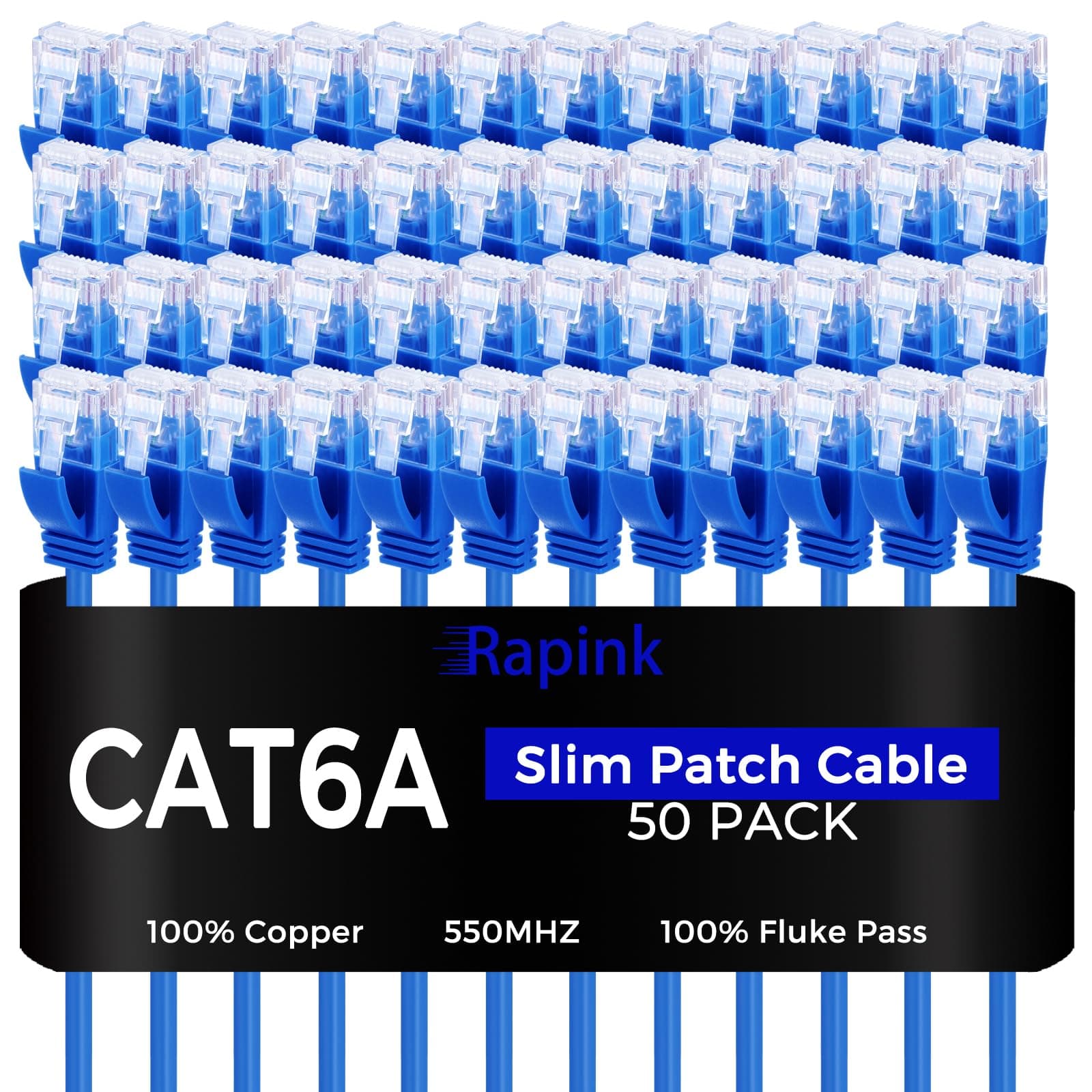 Rapink Patch Cables Cat6a 2ft (50 Pack) Slim, Cat6a Ethernet Patch Cable 10G Support, Snagless Cat 6 Patch Cable for Patch Panel to Switch, Flexiable Cat 6a Ethernet Cable with Gold Plated