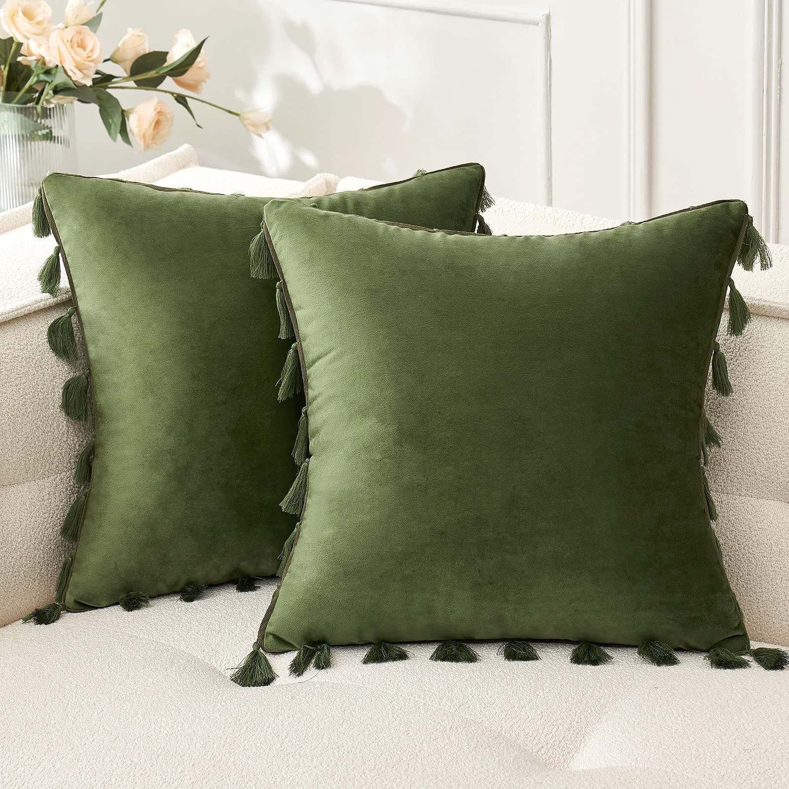 MIULEE Pack of 2 Velvet Soft Solid Decorative Throw Pillow Cover with Tassels Fringe Boho Accent Spring Cushion Case for Couch Sofa Bed 18 x 18 Inch Olive Green