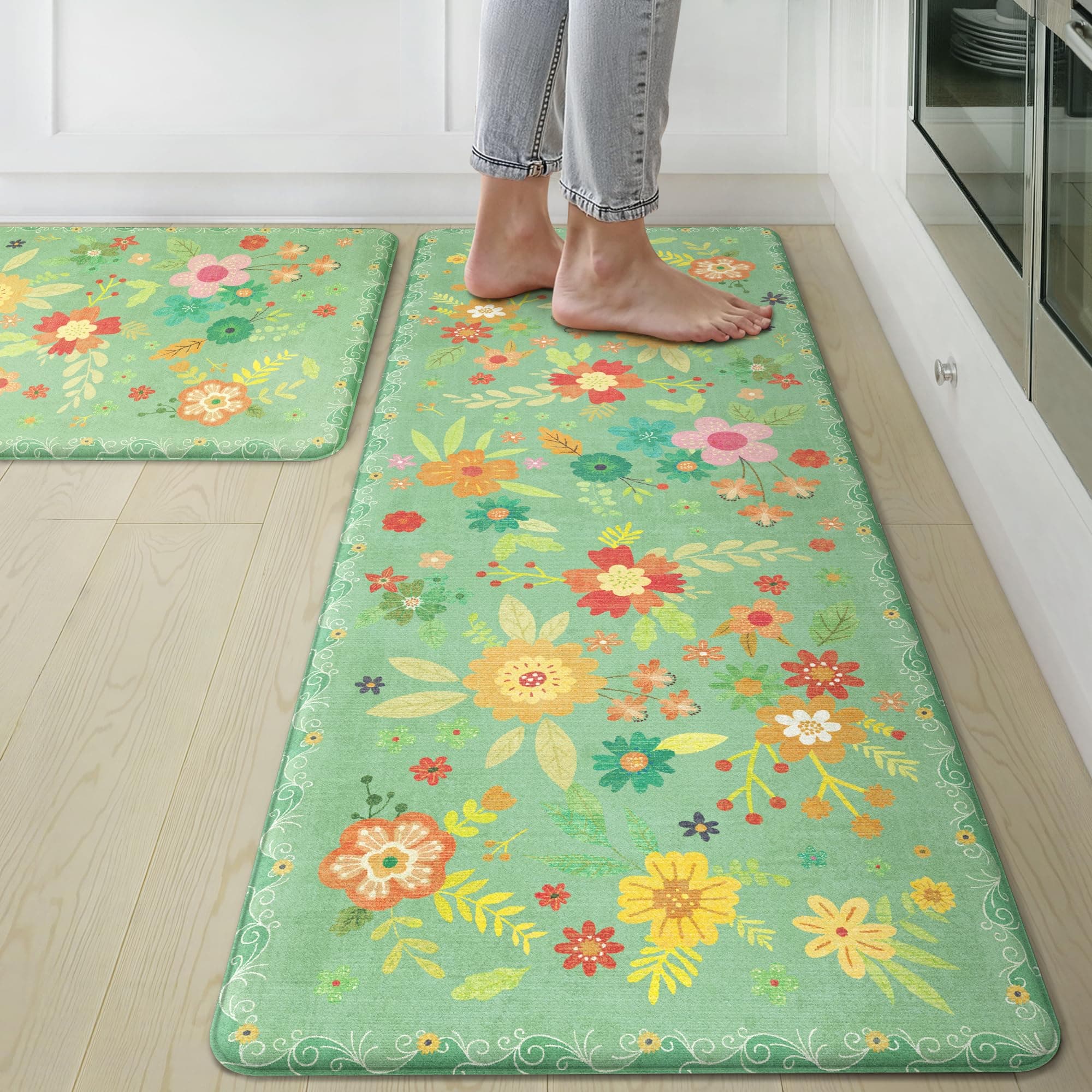 GENIMO Kitchen Mats for Floor 2PCS, Cushioned Kitchen Rugs Non Slip Washable, Anti Fatigue Mat Waterproof, Comfort Standing Mat Rug for Office, Home, Sink, Laundry, 17.3"x47"+17.3"x30", LightGreen