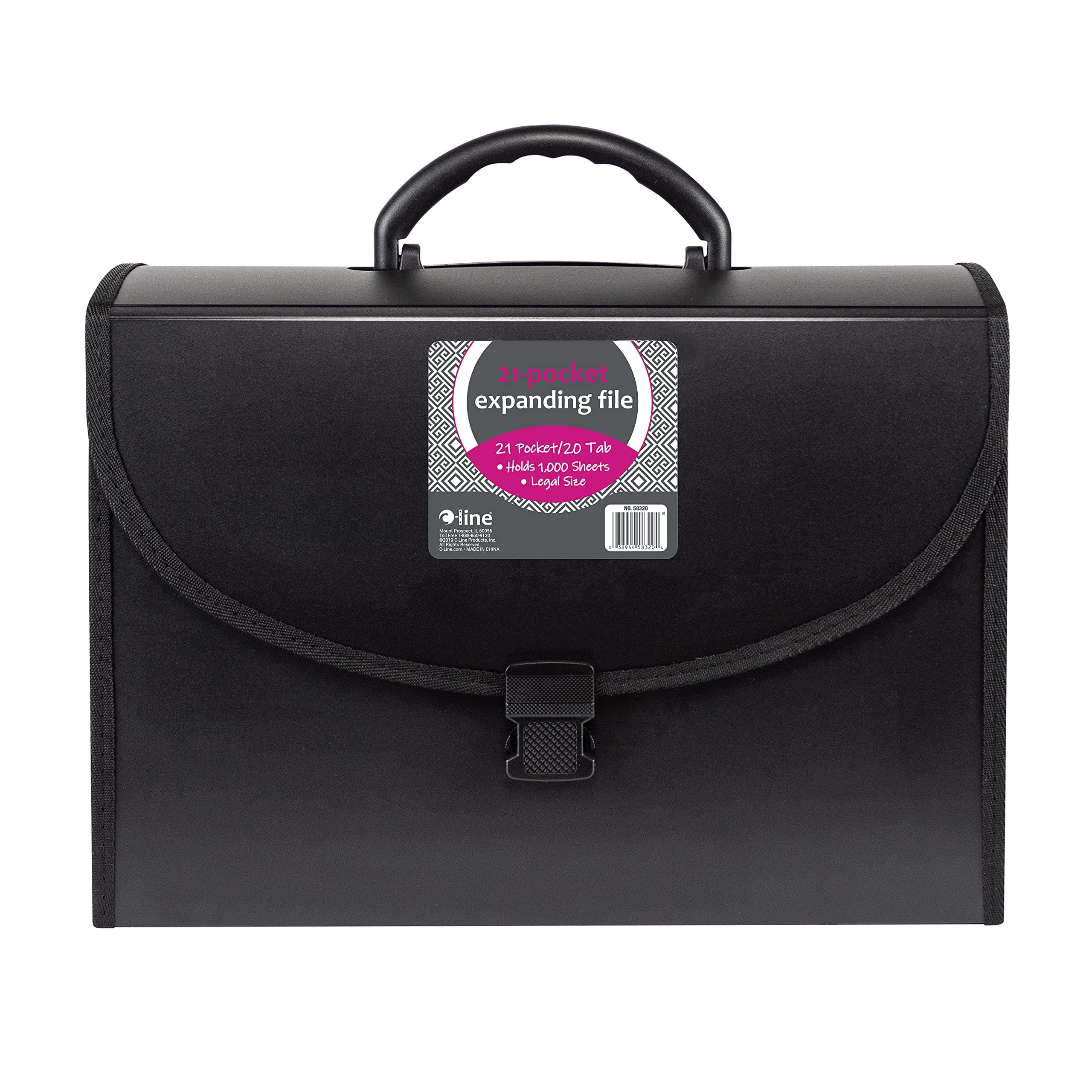 C-Line 21-Pocket Poly Expanding File with Handle, Includes Tabs, Locking Closure, Legal Size, Black (58320), Traditional