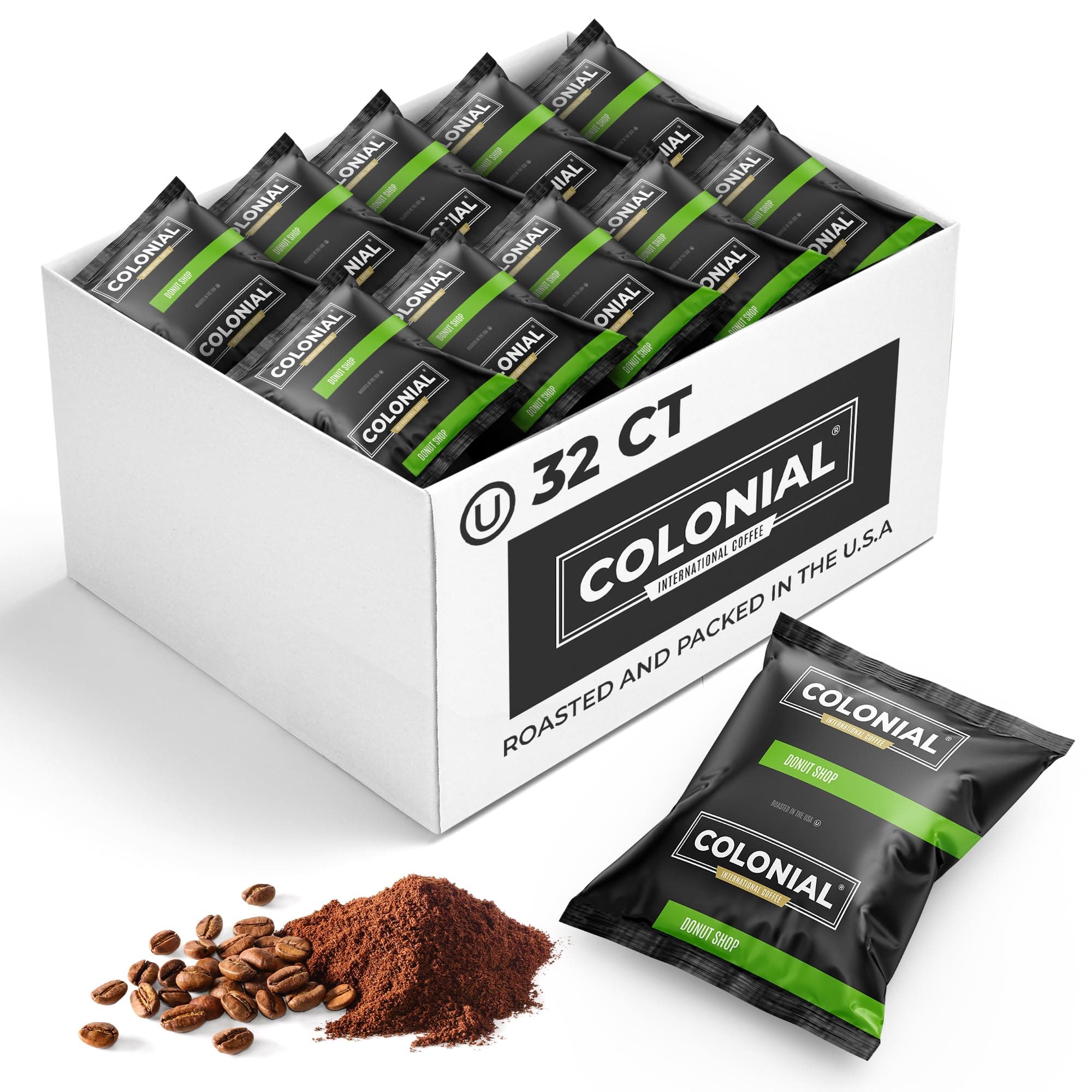 Colonial Coffee 32 Count Single Pot Coffee Packets – 100% Arabica Donut Shop Blend Medium Roast | Pre-Measured Frac Packs for 12 Cup Maker | Bulk Ground Gourmet Coffee for Home & Office