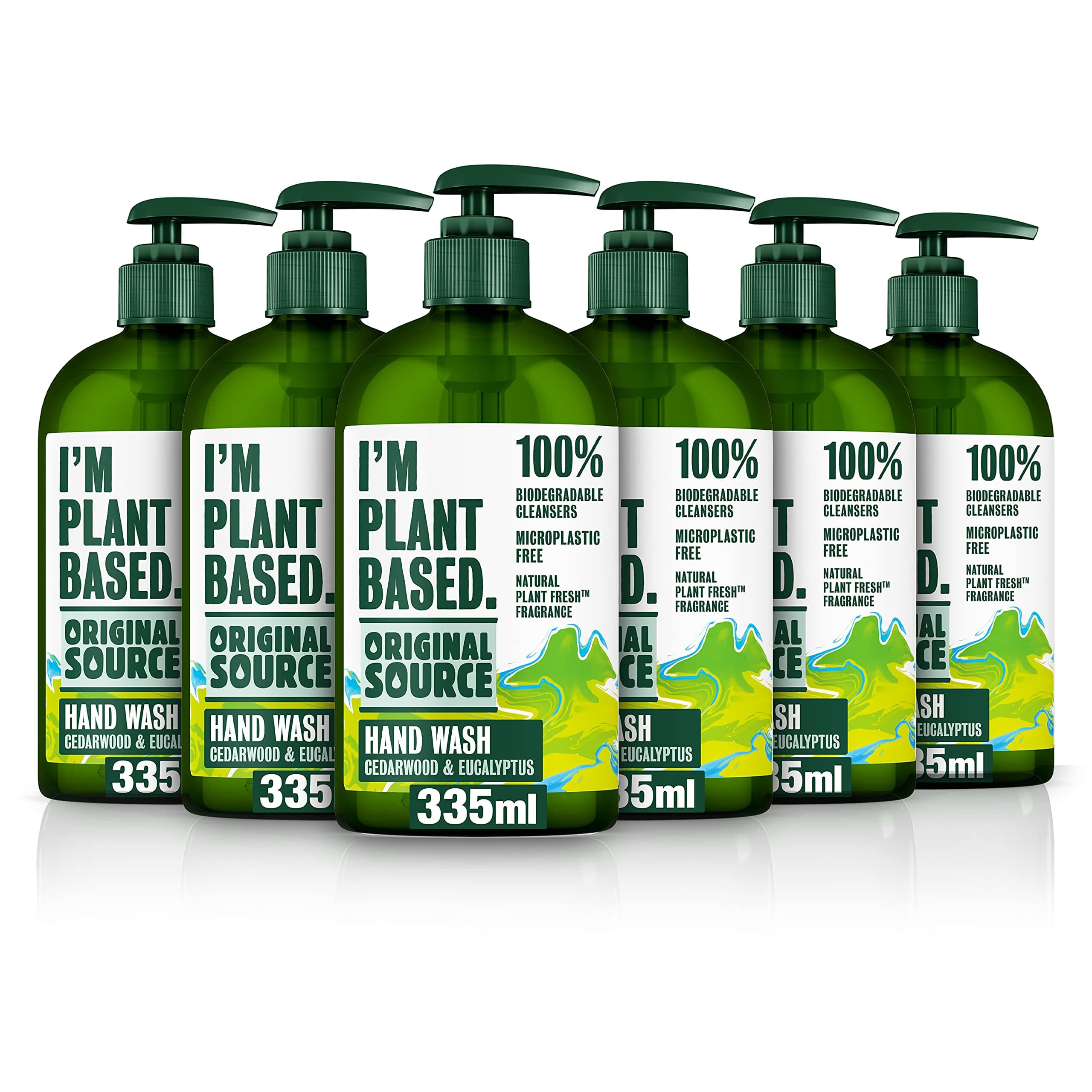Original Source I'm Plant Based Cedarwood & Eucalyptus Hand Wash, 100% Biodegradable Cleansers, 100% Microplastic Free, 100% Natural Fragrance Hand Soap, Cruelty Free, Vegan, Multipack of 6 x 335ml