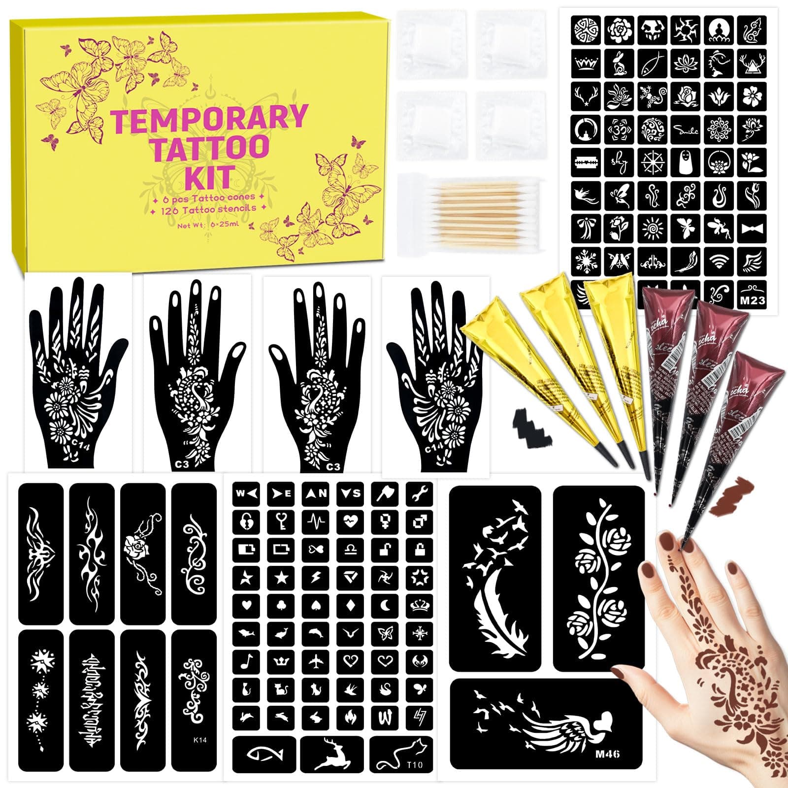 MuseLuxe 126 PCS Temporary Tattoos Stencils Kit,Temporary Tattoos Kit - 6 Pcs 2 Color(Brown Black) Ink with Gloves,DIY Body Art Painting for Women Men Adults Kids