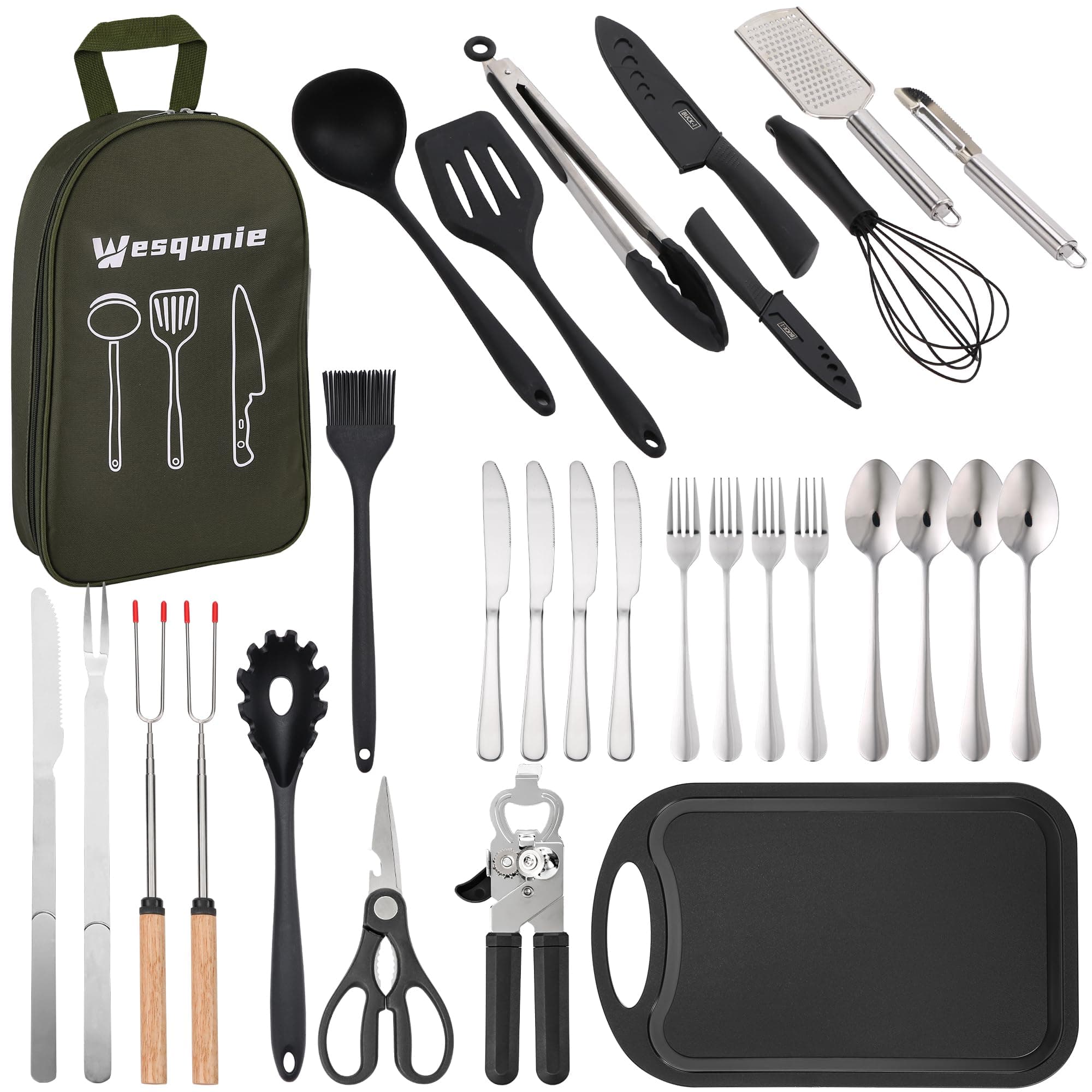 Camping Cooking Essentials Utensils Set - Camp Cookware Kitchen Accessories Kit, Camper Gear Must Haves, Stainless Steel & Silicone, RV Car Portable Outdoor Equipment Tool