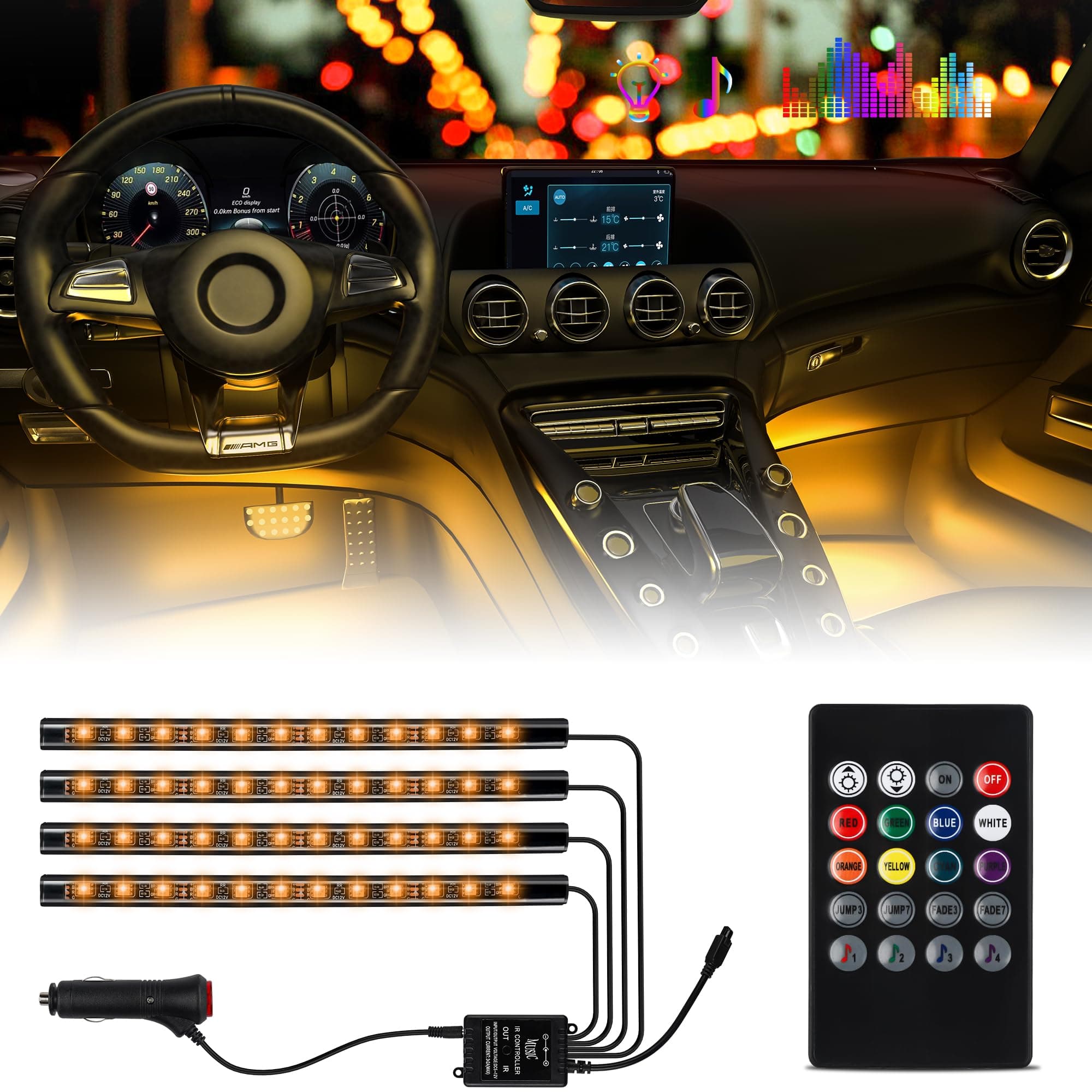 Car LED Strip Light Interior, Sound Active 4 Lines 48 LEDs Multicolor Music Sync Interior Car Lights Under Dash Waterproof led Lights for car, Wireless Remote Control, with Car Charger,DC 12V