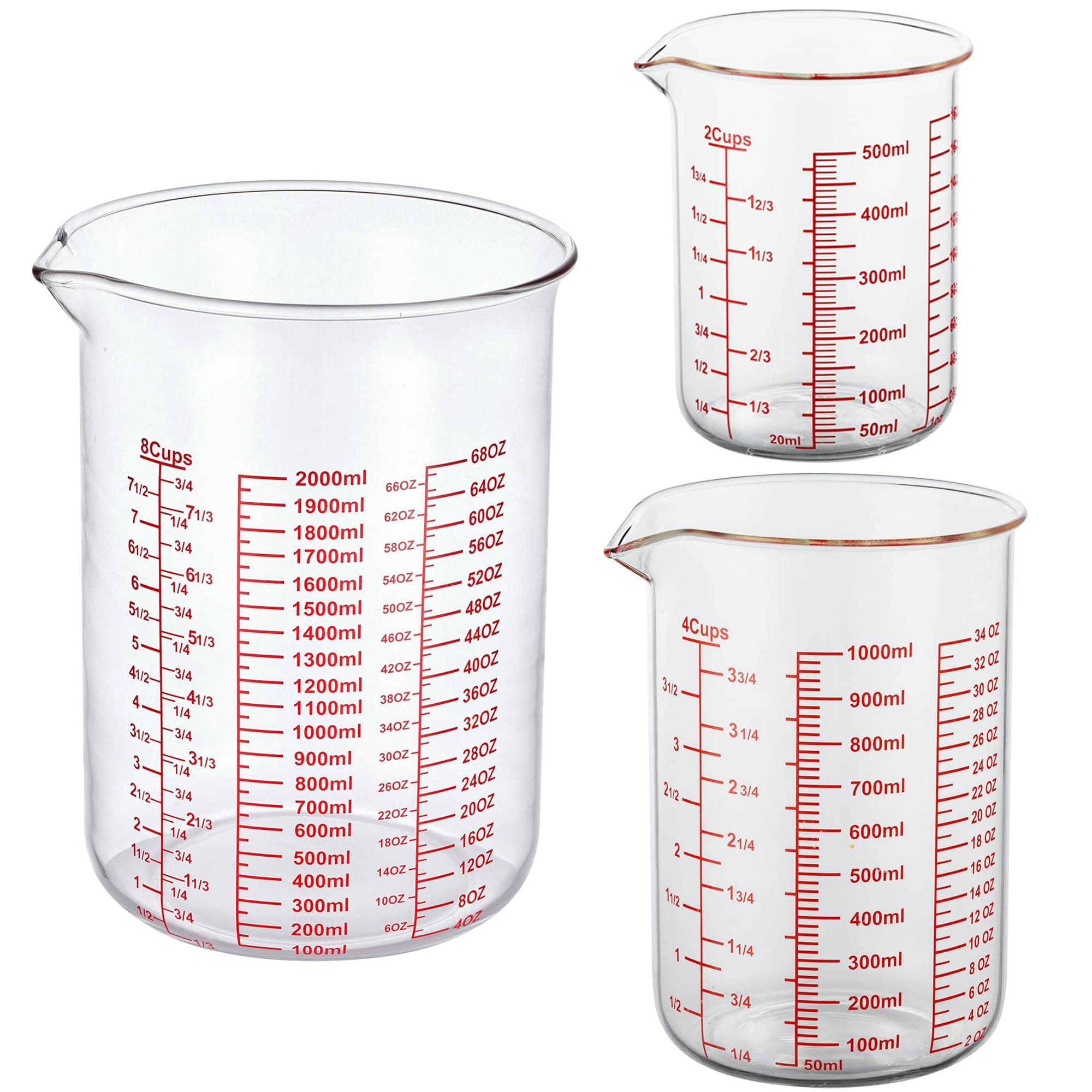 3 Piece Glass Measuring Cup Set, Includes 2-Cup, 4-Cup, and 8-Cup High Borosilicate Glasss Liquid Measuring Cups, Dishwasher, Freezer, Microwave, and Preheated Oven Safe, Essential Kitchen Tools