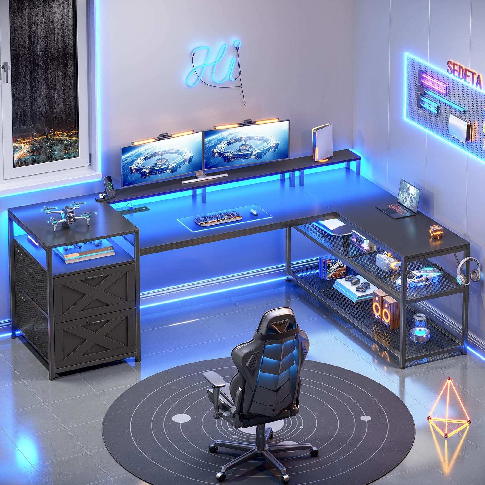 67" L Shaped Desk with Drawers, Computer Office Desk with Storage Shelves & Power Outlet, Reversible Gaming Desks with LED Lights for Home Office, Black