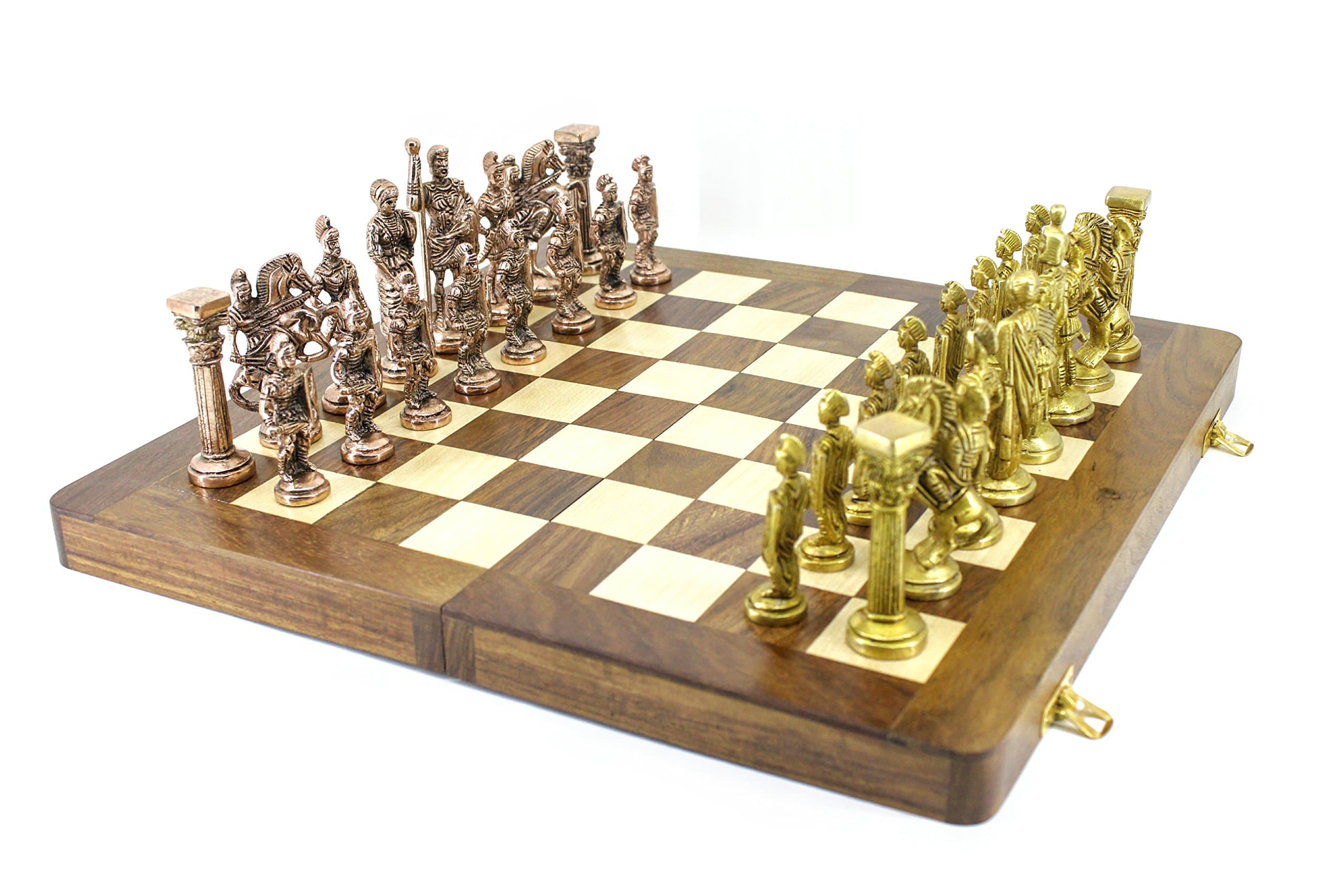 VA Antiques Wooden Folding Chess Board with all Solid Brass Metal Parts, 16x16-inch (Wooden Brown)