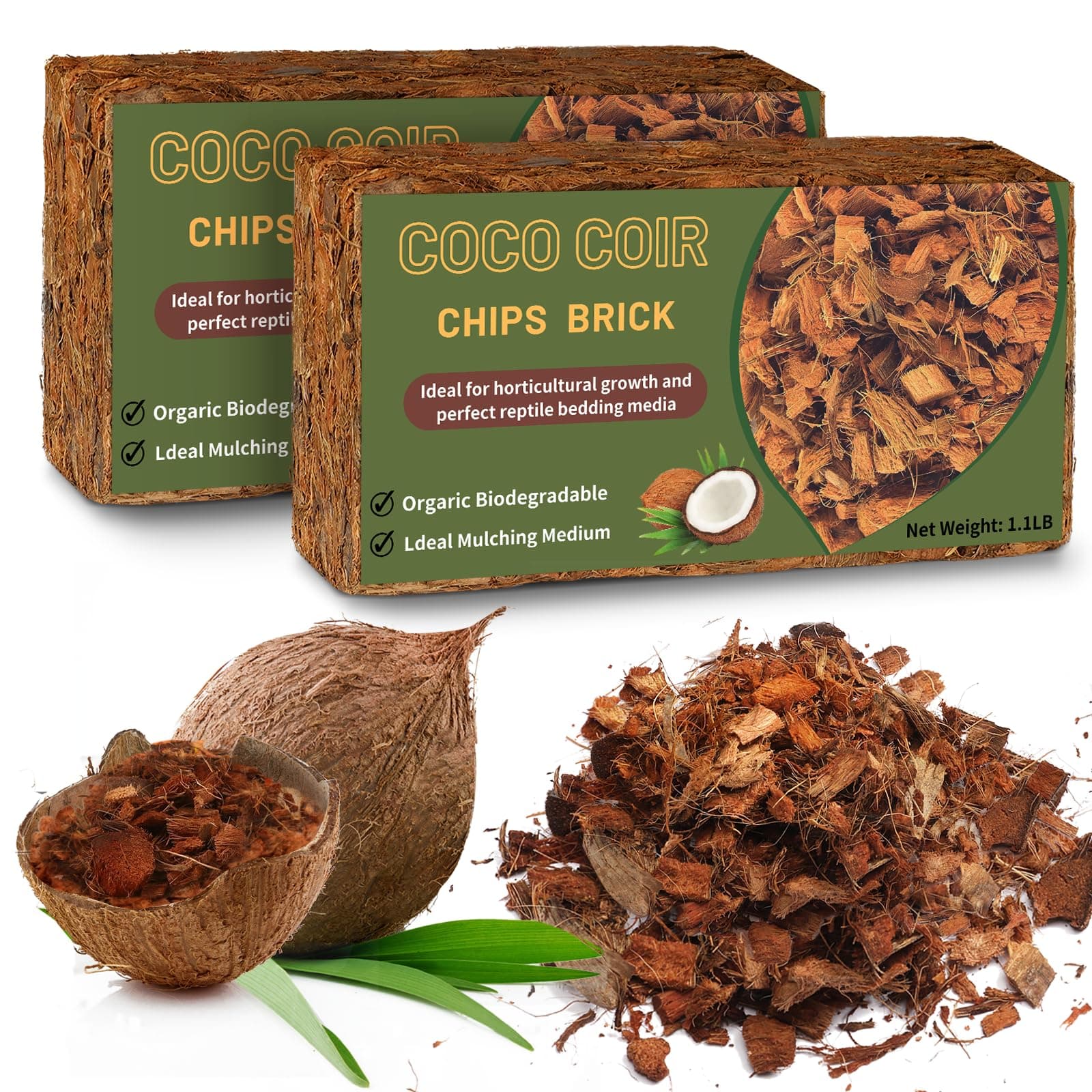 Coco Chips Substrate 2.2 LBS, Organic Coconut Husk Brick with Low EC and pH Balanced, Easy to Expand Coco Coir Mulch Medium for Garden Flowers & Reptile Bedding (2 Pcs)