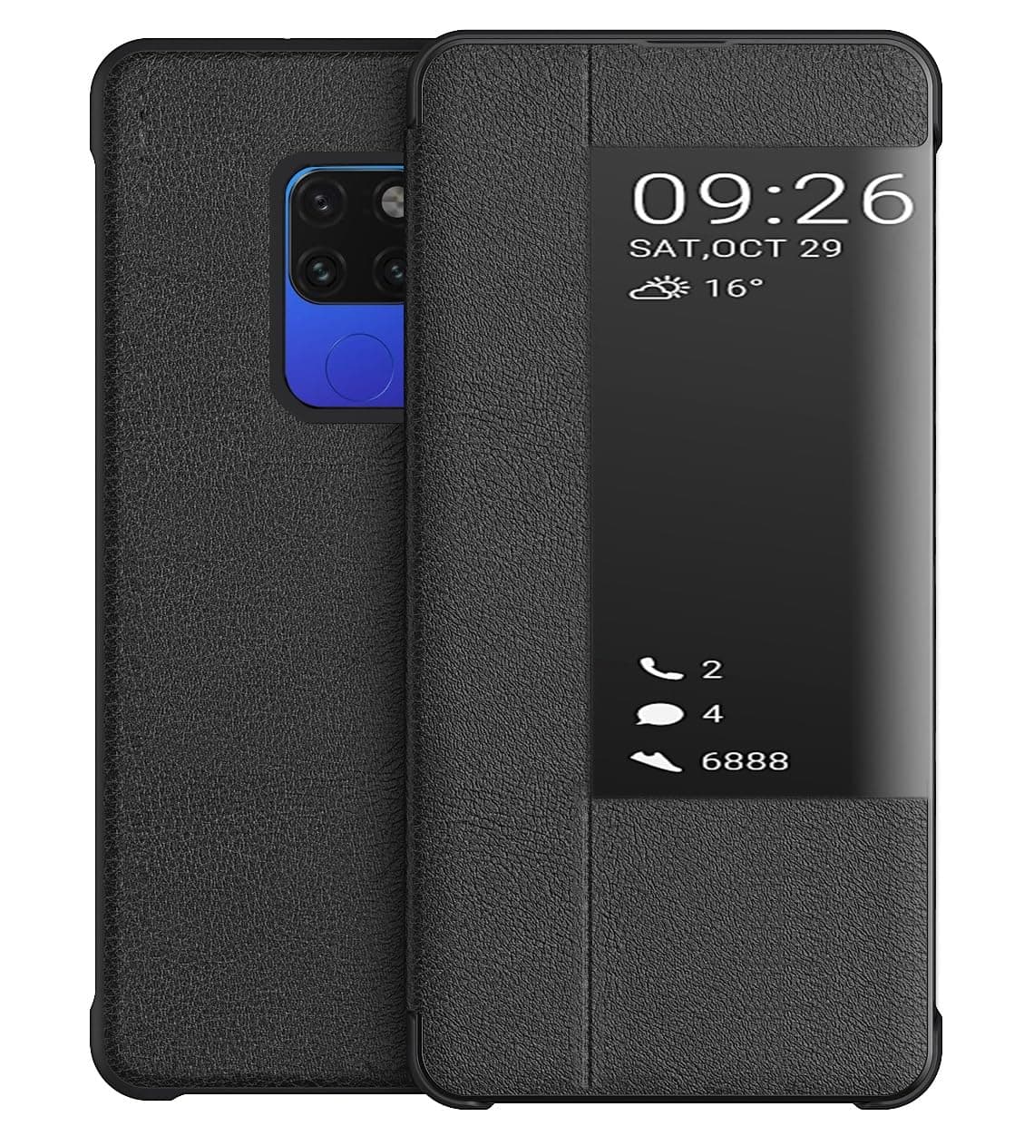 compatible for Huawei Mate 20 Case, Smart View Flip PU Leather Case Cover + Tempered Glass - Black