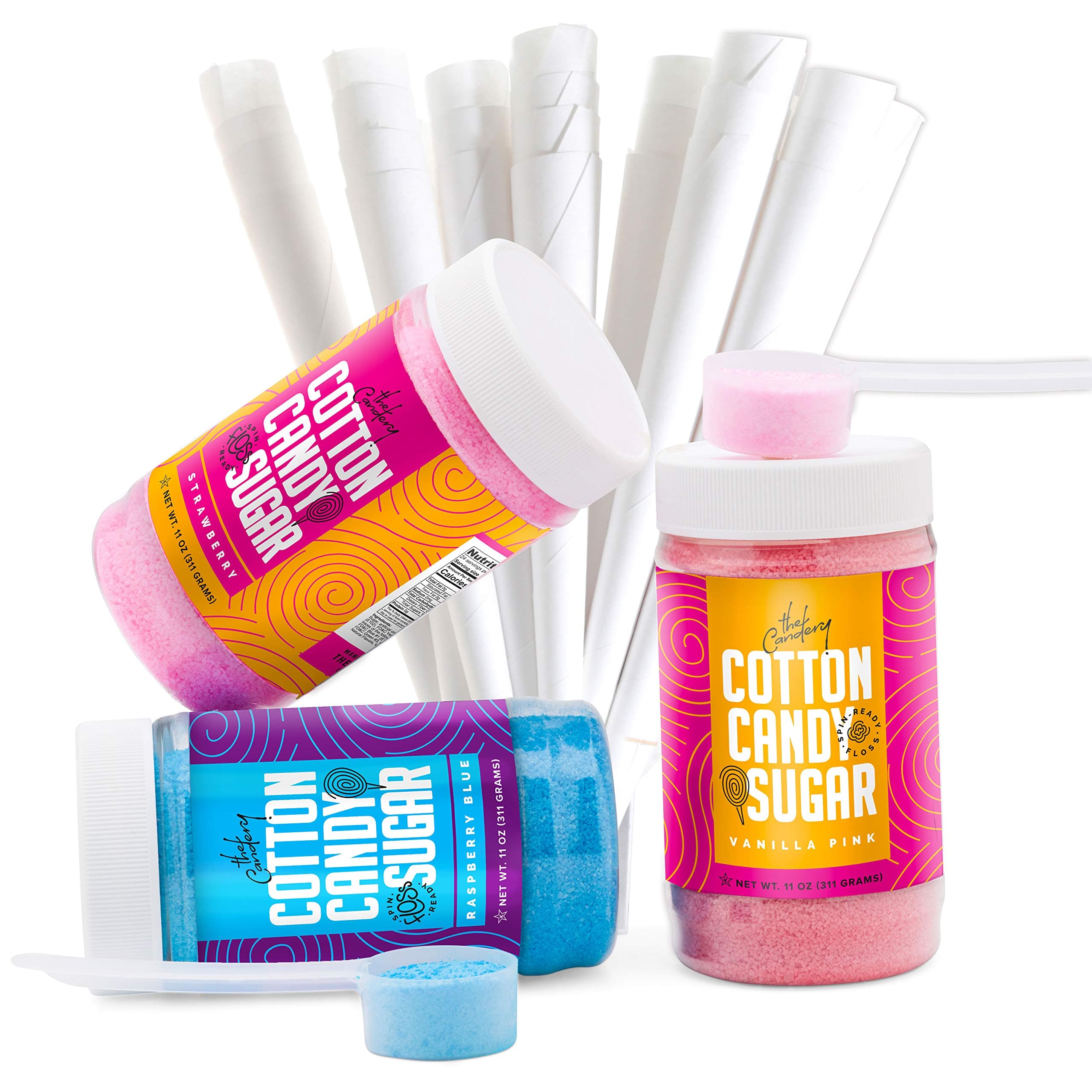 The Candery Cotton Candy Floss Sugar Kit ?Raspberry Blue Vanilla Pink and Strawberry Flavors (11 oz. Jars) 50 Cones and a Scoop ? Fun Confectionary Treats for Kids and Adults