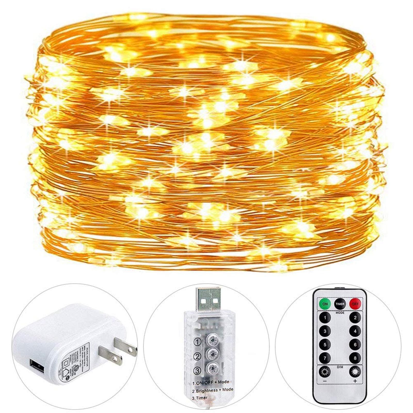 HSicilyHSicily LED USB String Lights 8 Modes 33Ft 100 LEDs Starry Fairy Lights Plug in Remote Control with Timer for Wedding Christmas Party Bedroom Indoor Outdoor Decorative (Warm White)