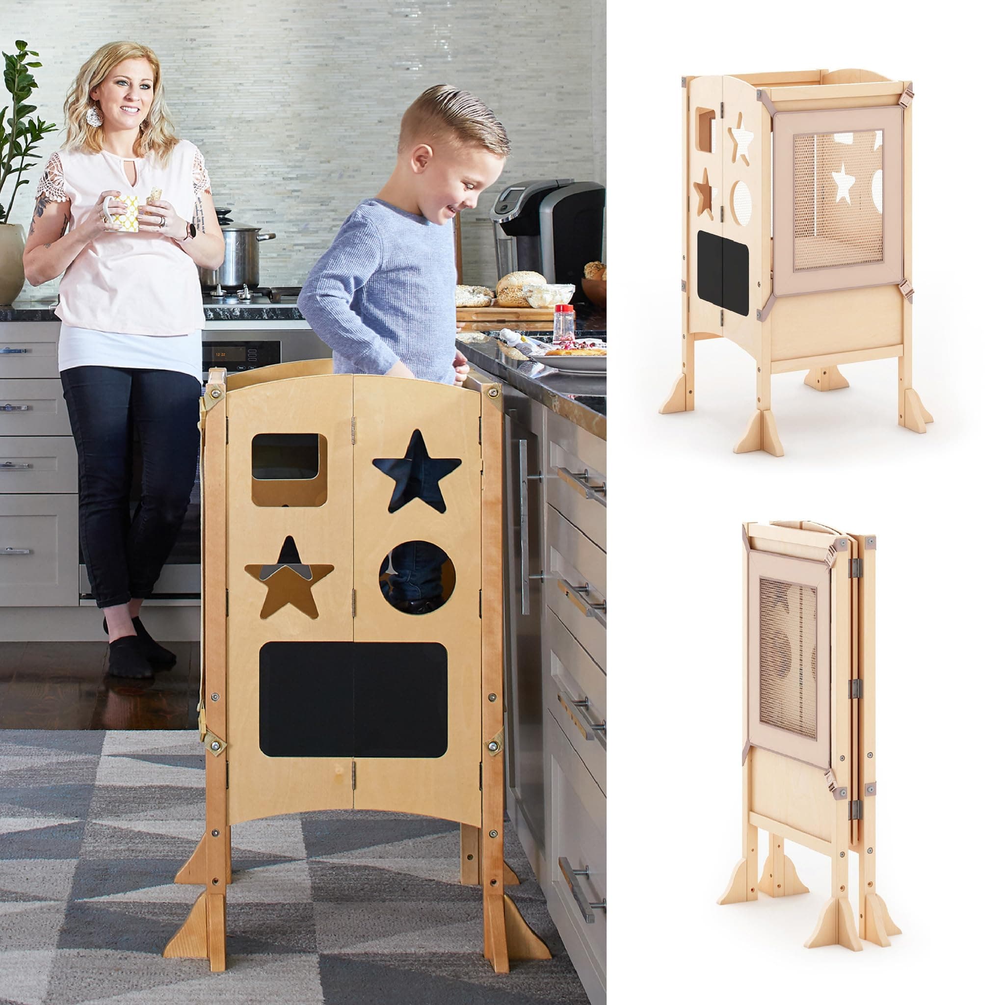 Classic Kitchen Helper - Natural: Adjustable Height, Folding Step Stool For Little Kids, Toddler Safety Cooking Tower with Write-on Wipe-off Message Boards. Kids Learning Furniture