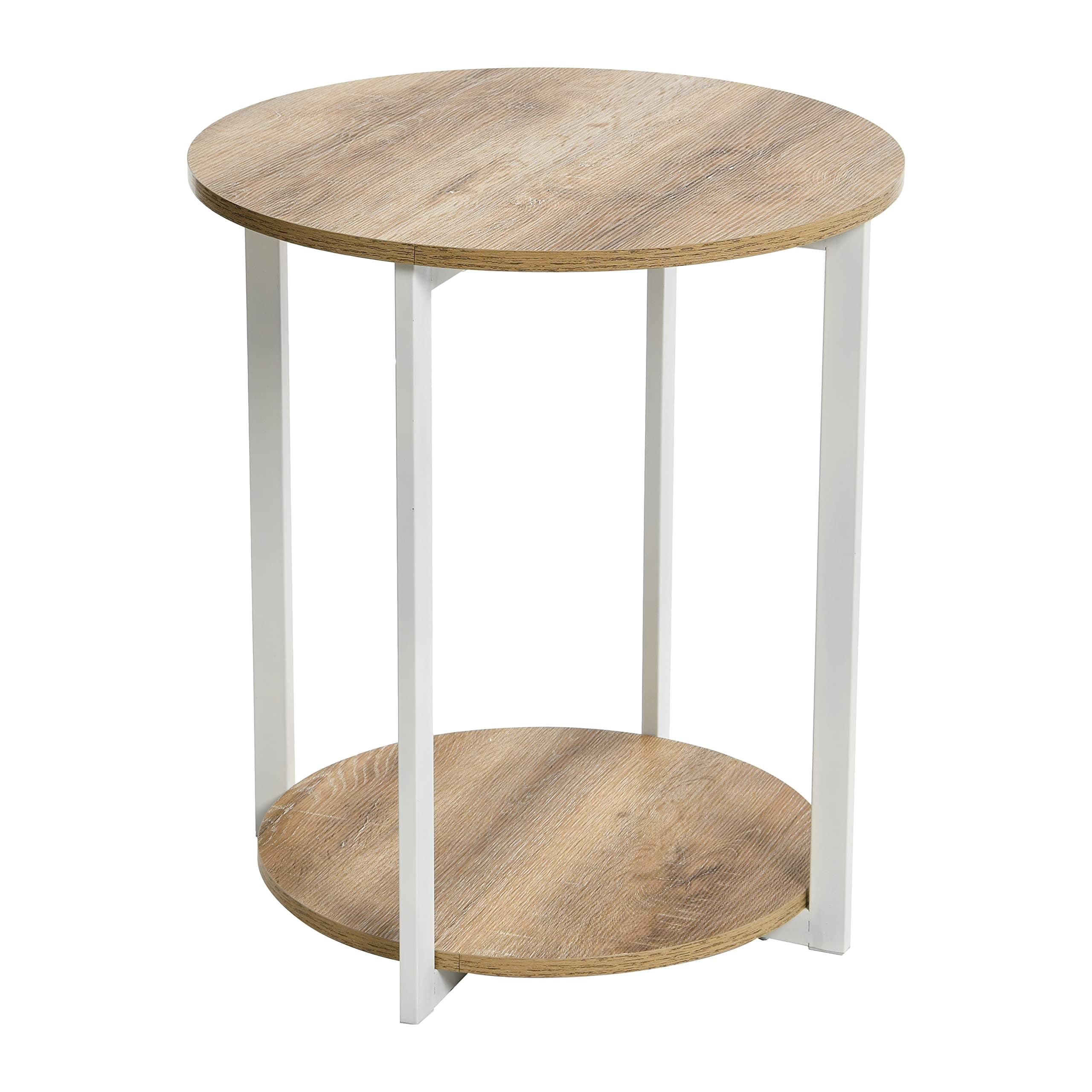 Household Essentials Jamestown Round Side End Table with Storage Shelf Coastal Oak Rustic Wood Grain and White Metal