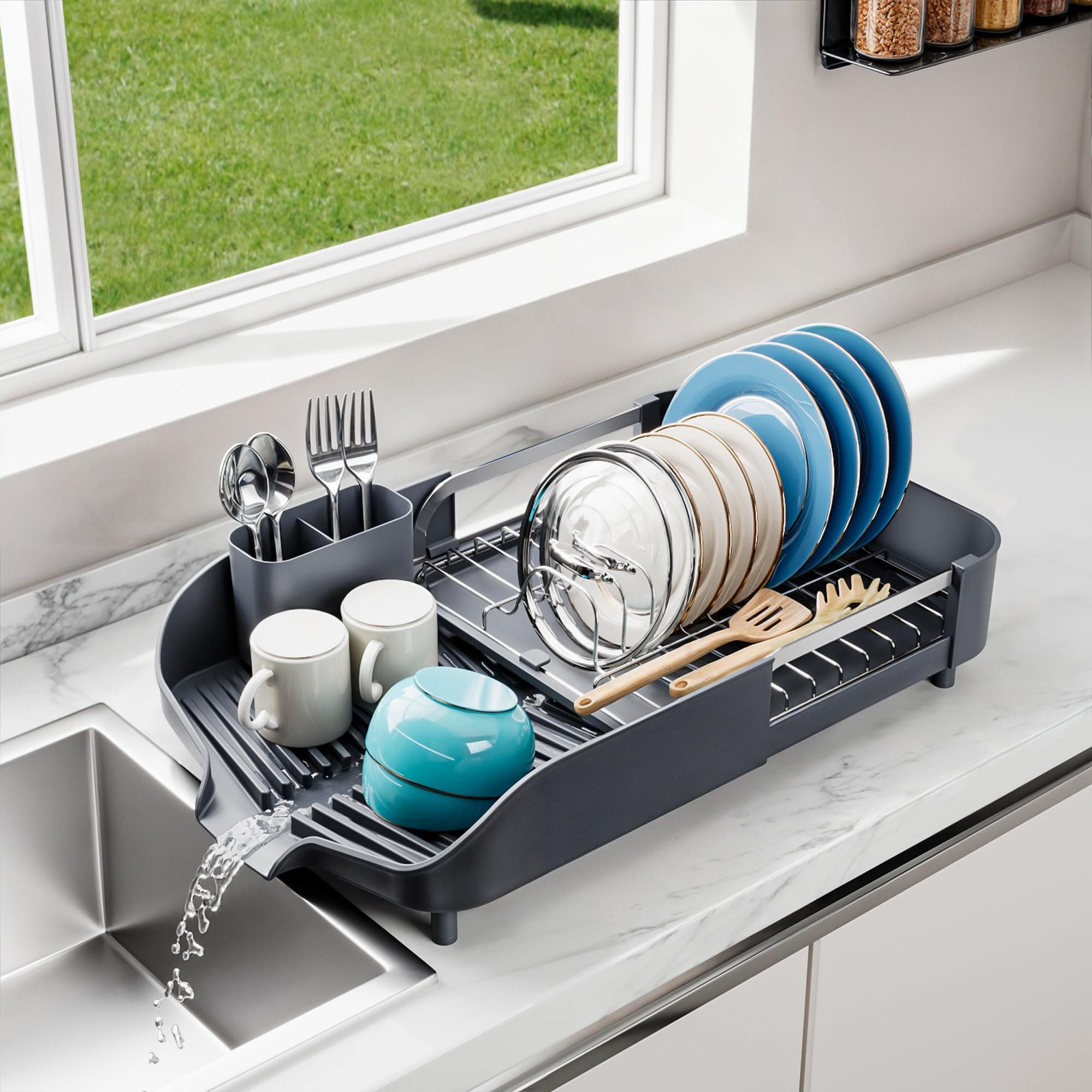 SUNLY Dish Drying Rack, Expandable Dish Racks for Kitchen Counter, Space Saving Kitchen Drying Rack with Sleek & Modern Design, Rust Proof Stainless Steel Dish Drainers with Utensil Holder, Deep Gray