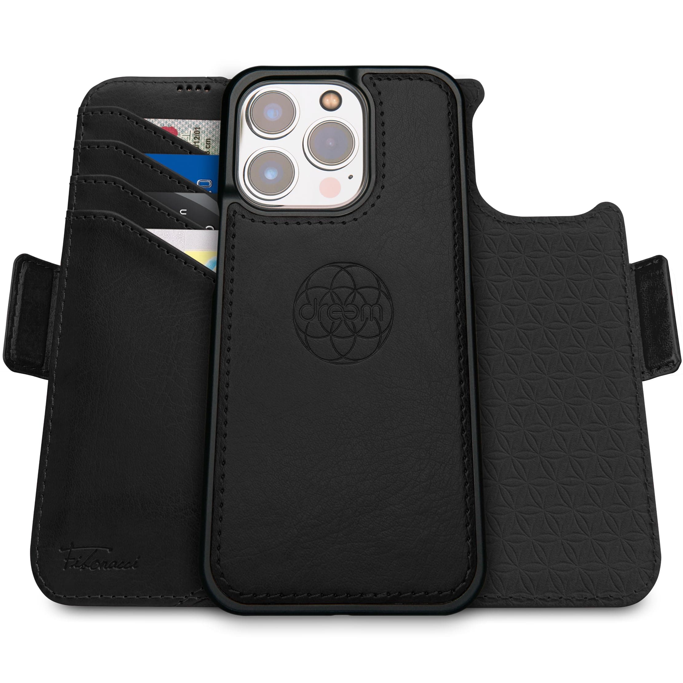 Dreem Fibonacci compatible with iPhone 15 Pro Max wallet case / 2-in-1 shockproof case and detachable vegan leather folio, MagSafe compatible, RFID protection [Black]