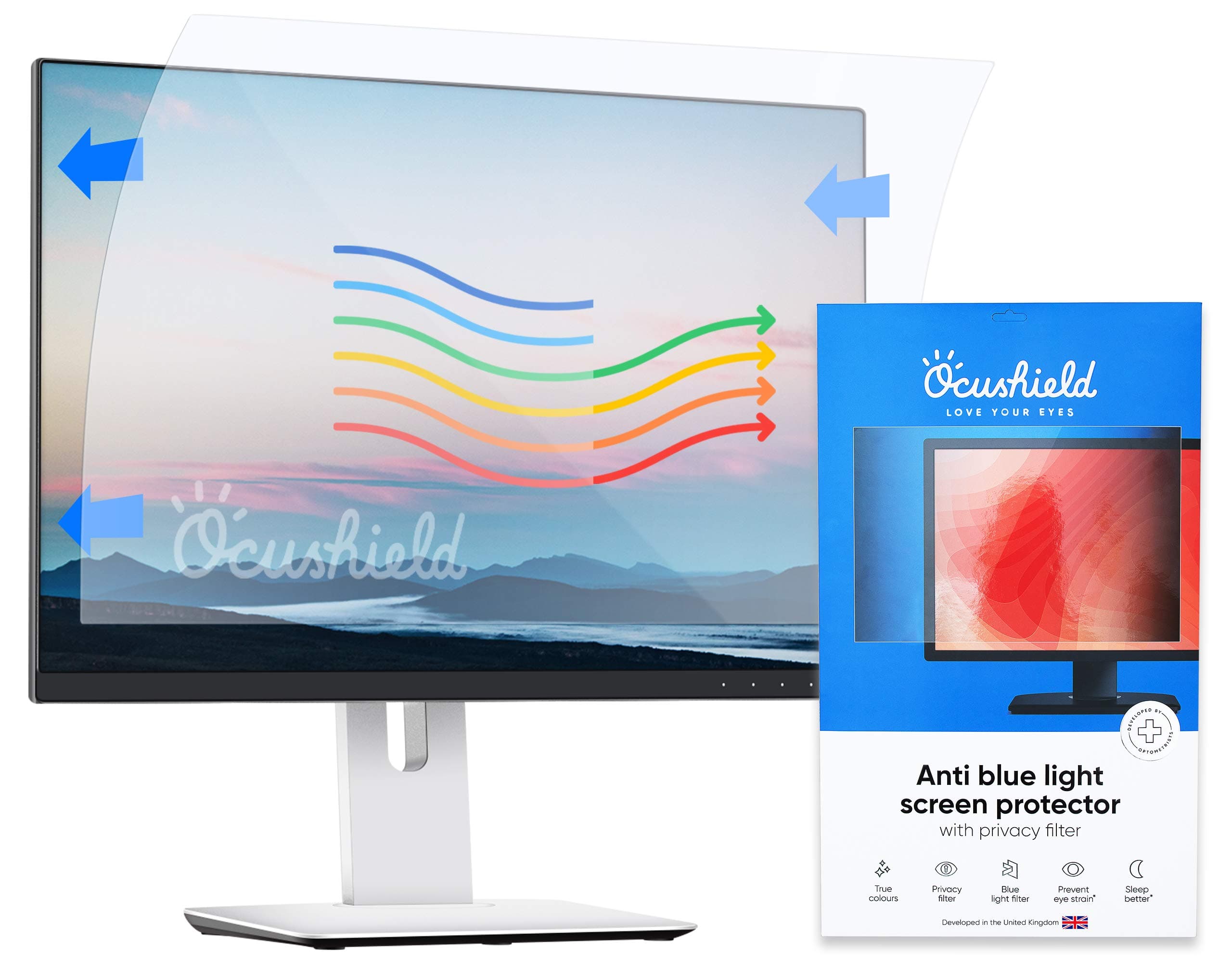 Ocushield Anti Blue Light 27” Screen Protector and Privacy Filter for Computer Monitor - Blue Blocking Screen Protector for Eyes - Accredited Medical Device - Anti-Glare Film - WB(598 x 337)