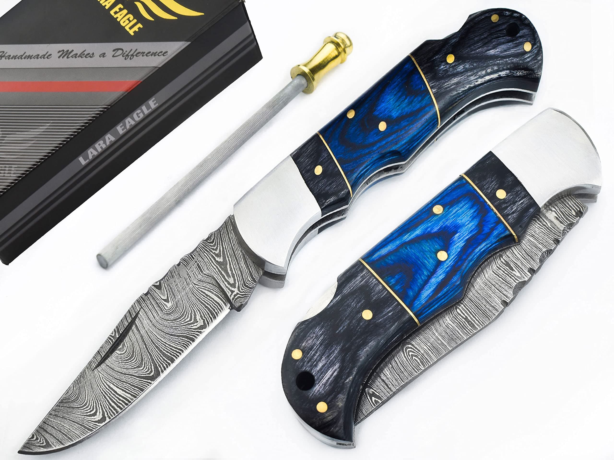 Damascus Pocket Knife for Men - 133 Layer Solid Steel Handmade Folding Hunting Knives with Sharpner and Leather Pouch - Best Knife for Camping Hunting Hiking - Father’s Day Gifts for Men Husband Dad