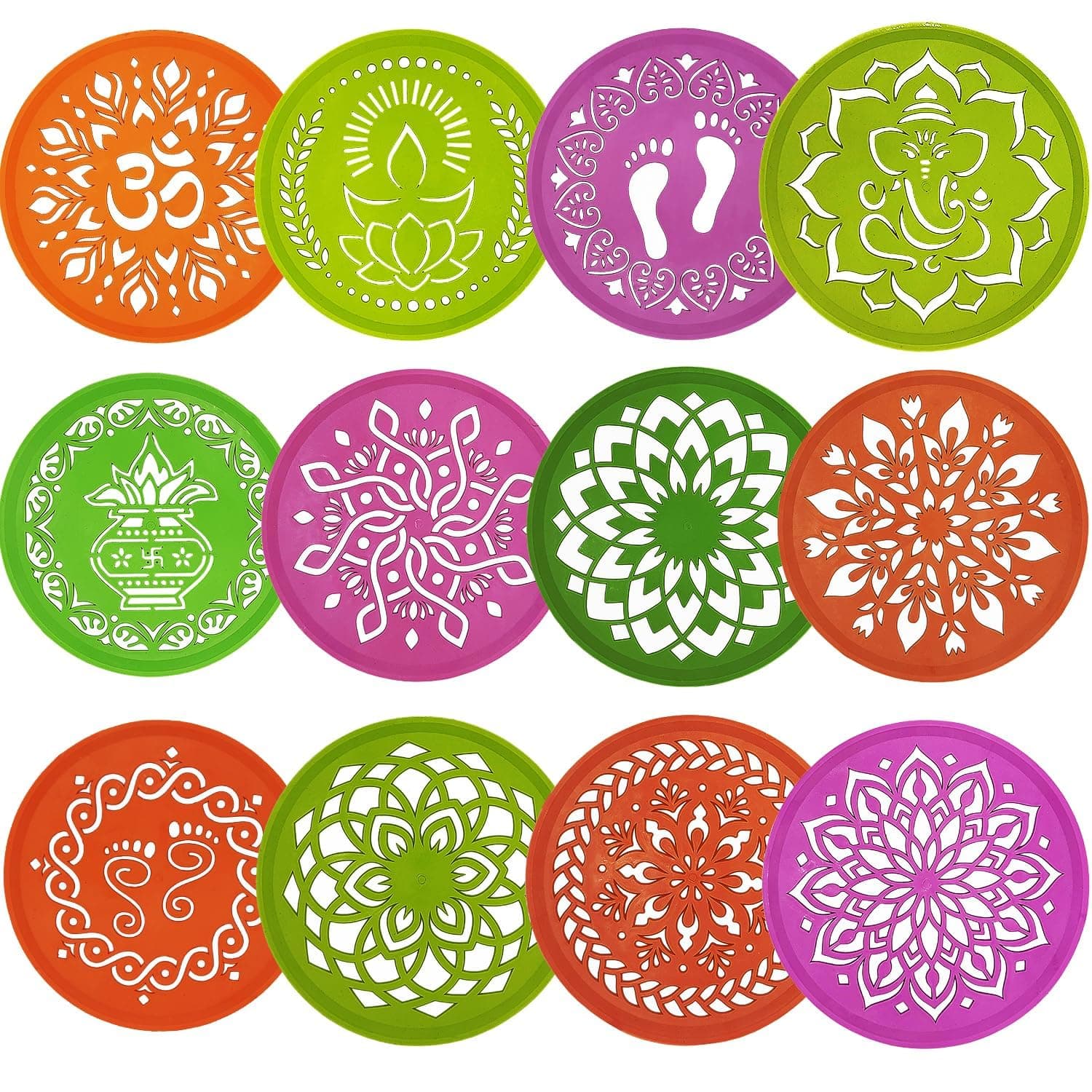 Ascension 12 Assorted Design Circle Rangoli Making Stencils Multi Design Colorful Rangoli Making Stencils Rangoli Stencils Set for Diwali Decoration (Round)