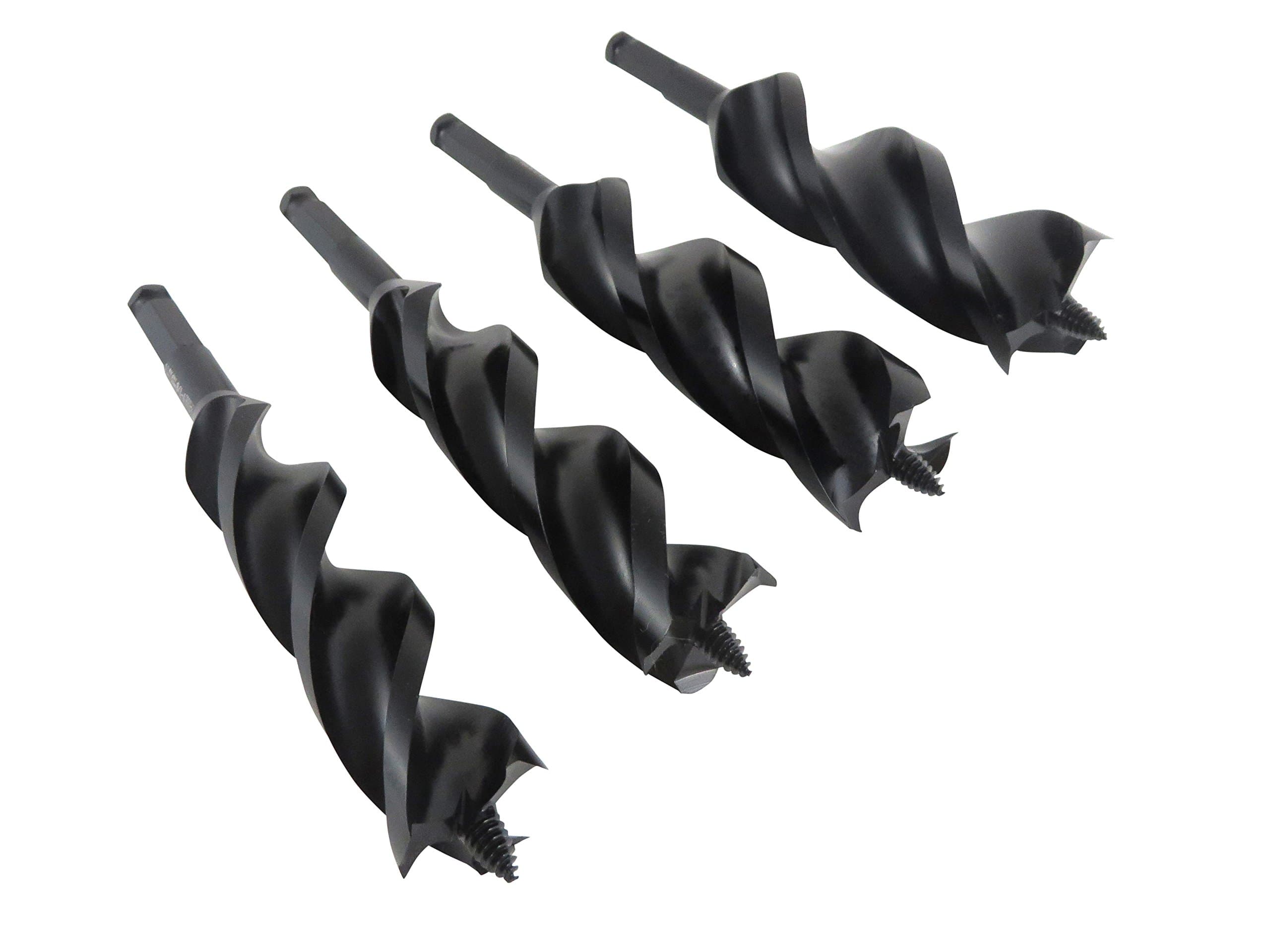 WoodOwl 4 Piece Set Large Bits with Sizes 1-1/8", 1-1/4", 1-3/8" and 1-1/2" x 7-1/2” Long Ultra Smooth Tri Cut Auger Hand Brace Boring Bit PTEE coated 09715 to 09719