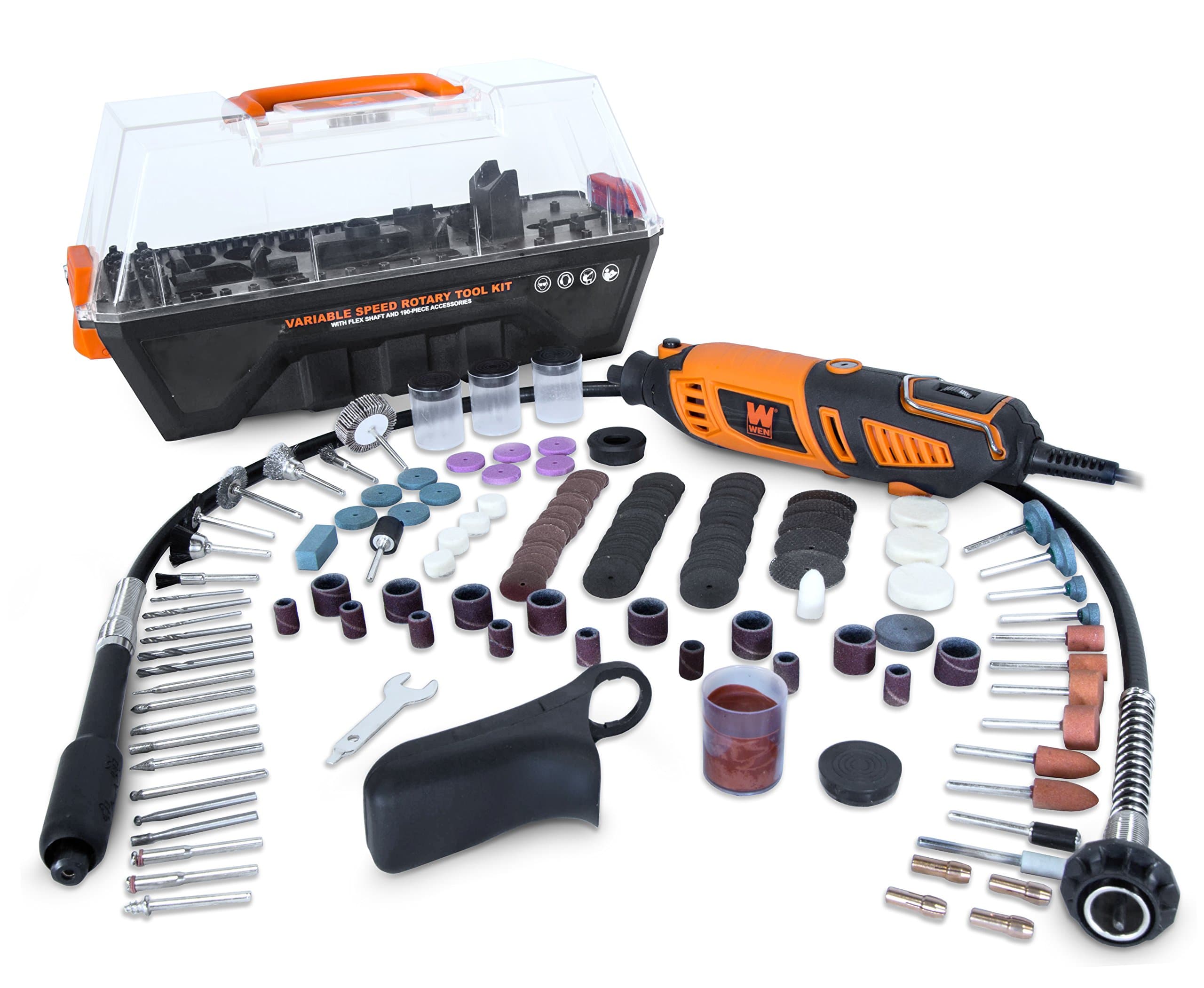 Wen 23190 1.3-Amp Variable Speed Steady-Grip Rotary Tool with 190-Piece Accessory Kit, Flex Shaft, and Carrying Case
