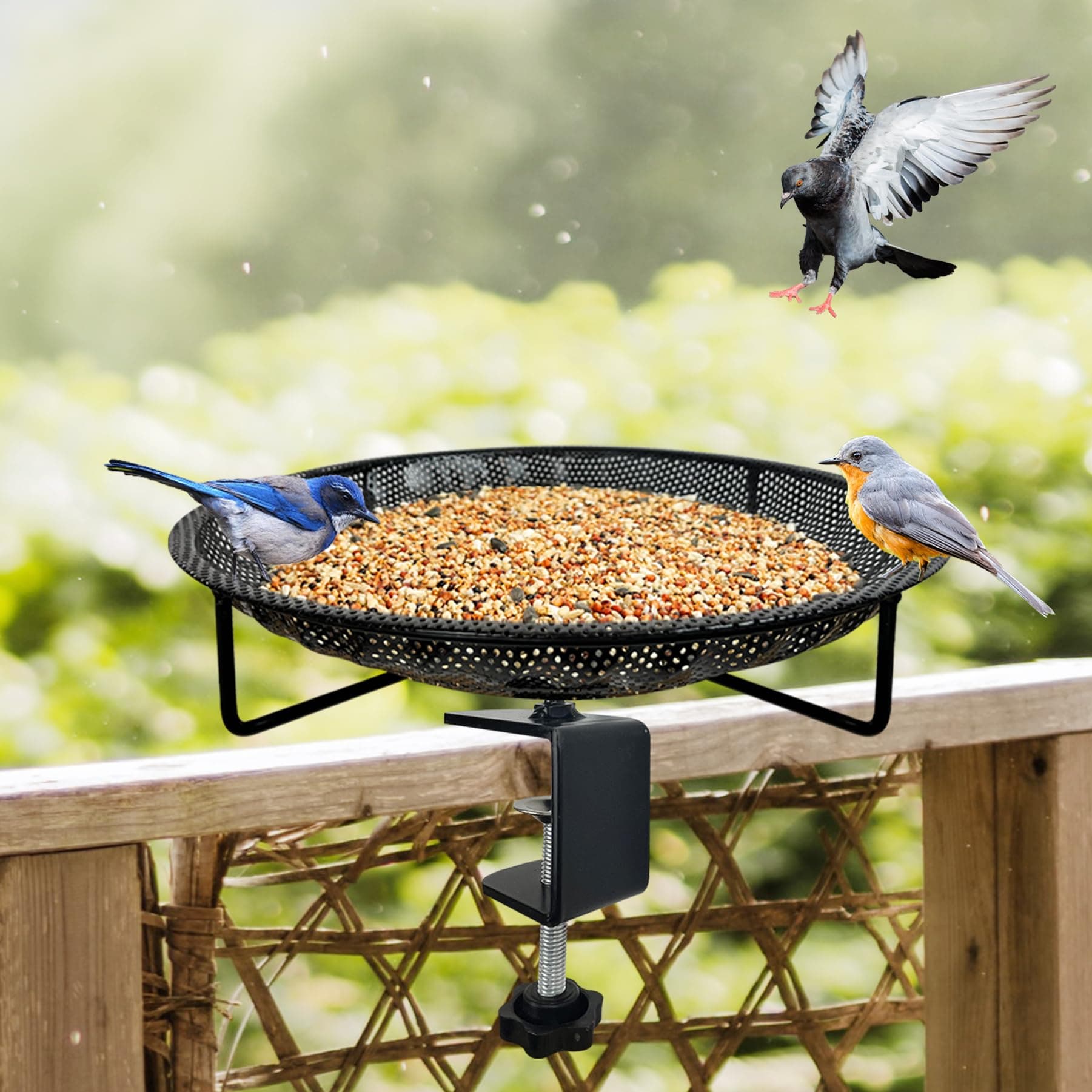 Premium Deck Railing Bird Feeder Tray for Balcony,11.8" Stainless Steel Large Platform Bird Feeder Mesh Seed Tray for Outside Wild Birds,Great Decoration for Garden Backyard