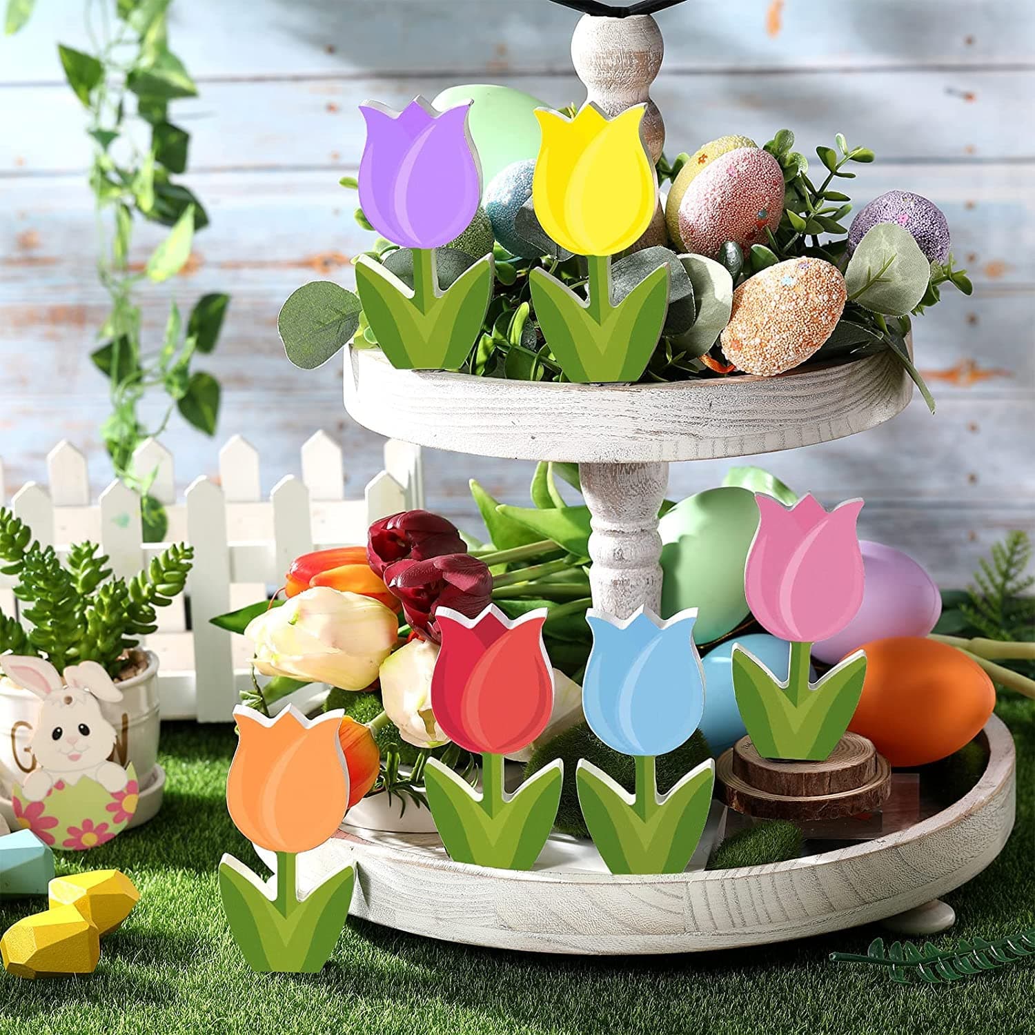 THE WHITE SHOP 6pcs Easter Tiered Tray Decor Spring Decor Wooden Tulip Decorations Easter Tulip Table Signs for Farmhouse Shelf Tabletophappy Easter Party Supplies(C)