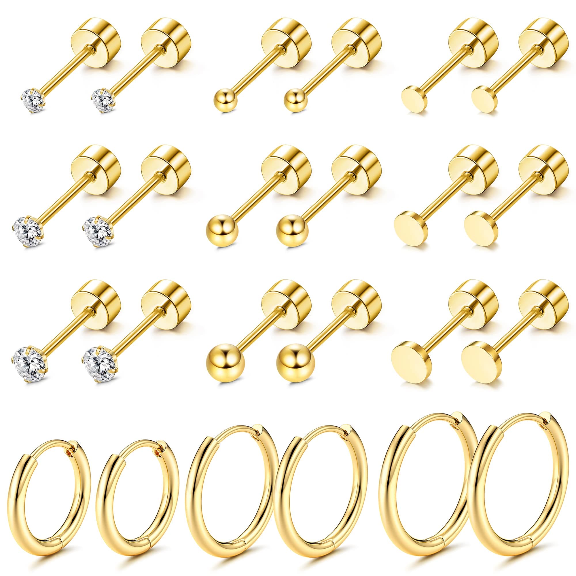 LOYALLOOKGold Plated Tiny Stud Earrings Stainless Steel Earring Sets for Multiple Piercings Small Huggie Hoop Earrings CZ Ball Flat Back Earrings Tragus Cartilage Earrings