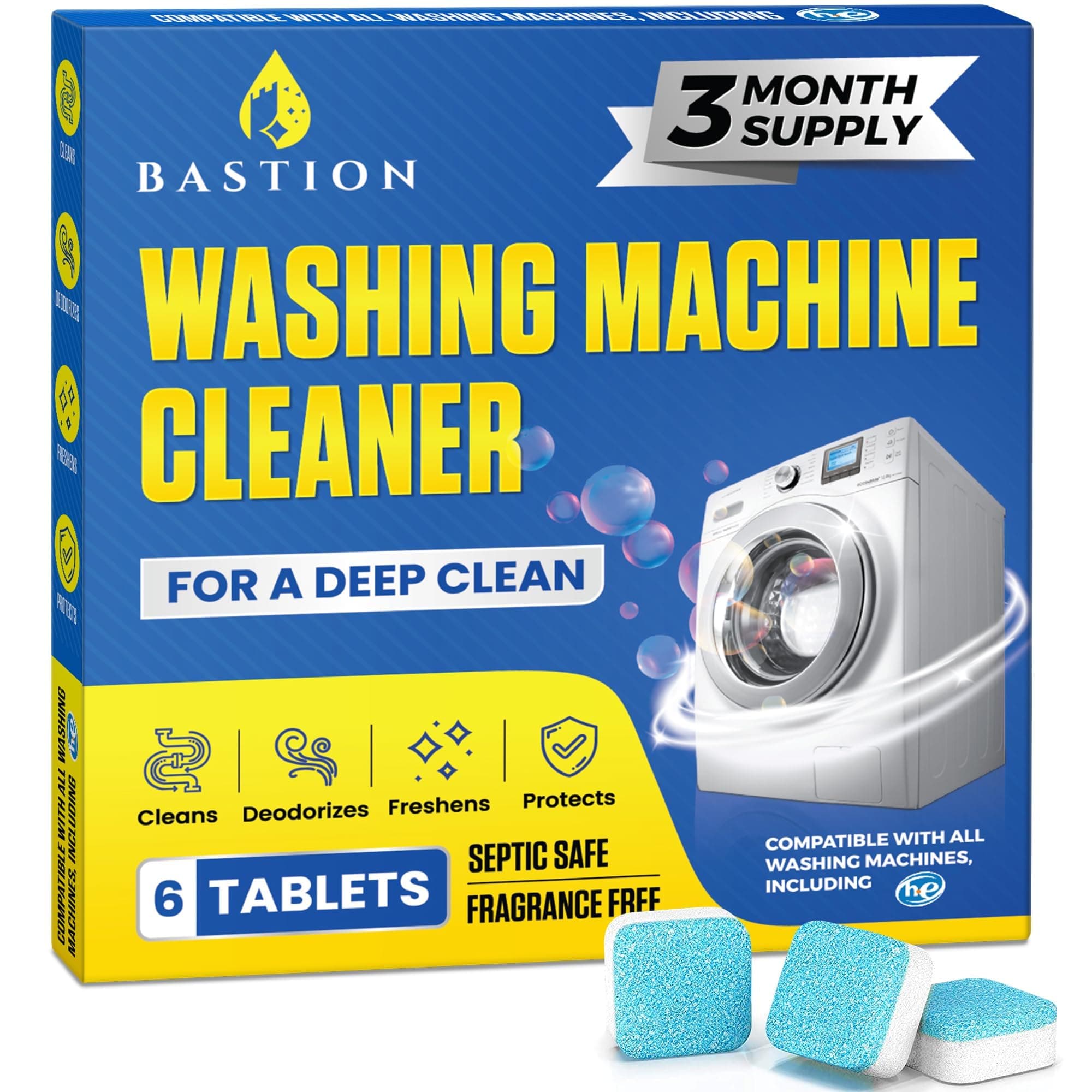 Bastion Washing Machine Cleaner, Deodorizer, & Descaler 6-Pack - Active Deep Cleaning Tablets For HE Front Loader & Top Load Washer, Septic Safe Eco-Friendly - 3 Month Supply