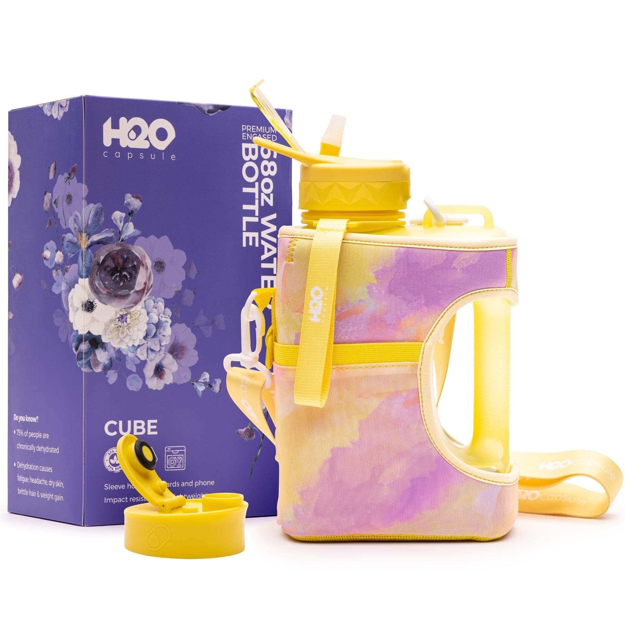 H2O Capsule Cube - 2.2L Half Gallon Water Bottle with Storage Sleeve, Covered Straw and Chug Lid – BPA Free Reusable Sports Jug with Handle, 2.2 Liter (74 Ounce), Purple Yellow