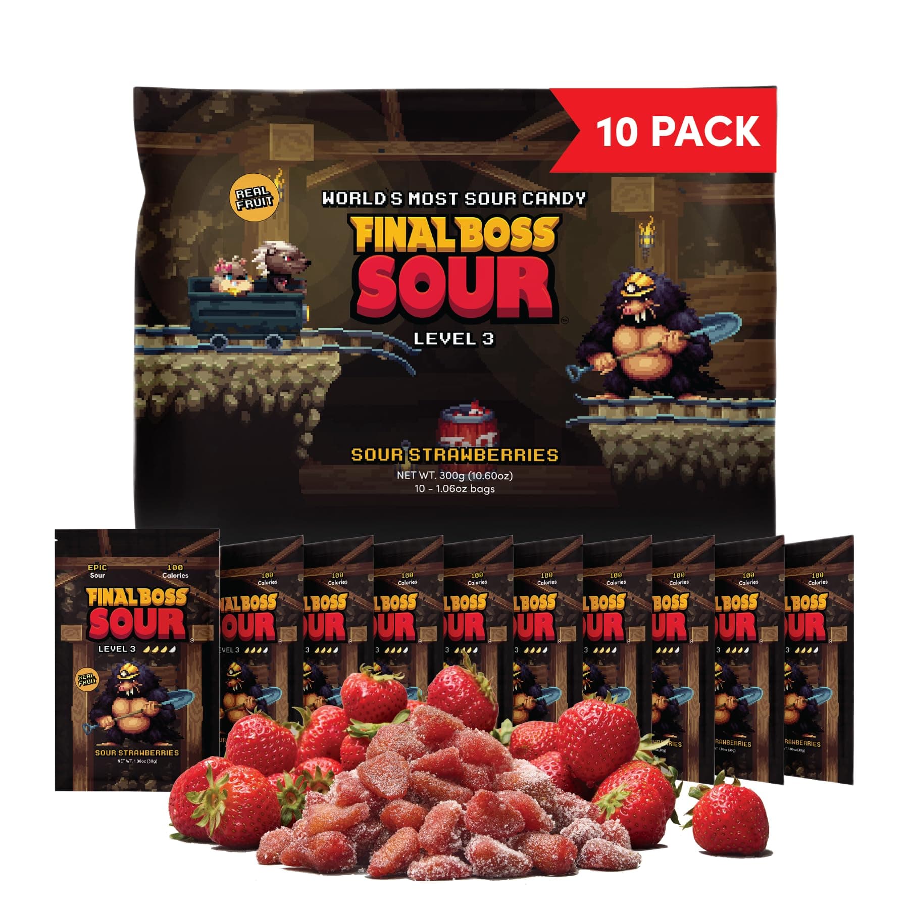 - Sour Candy, Sour Strawberries, 10 Pack, Level 3, Fruit Chews with Real Dried Fruit, No Artificial Colors or Flavors, Low Calorie Snack for Kids, Teens, Adults, Lunch Boxes
