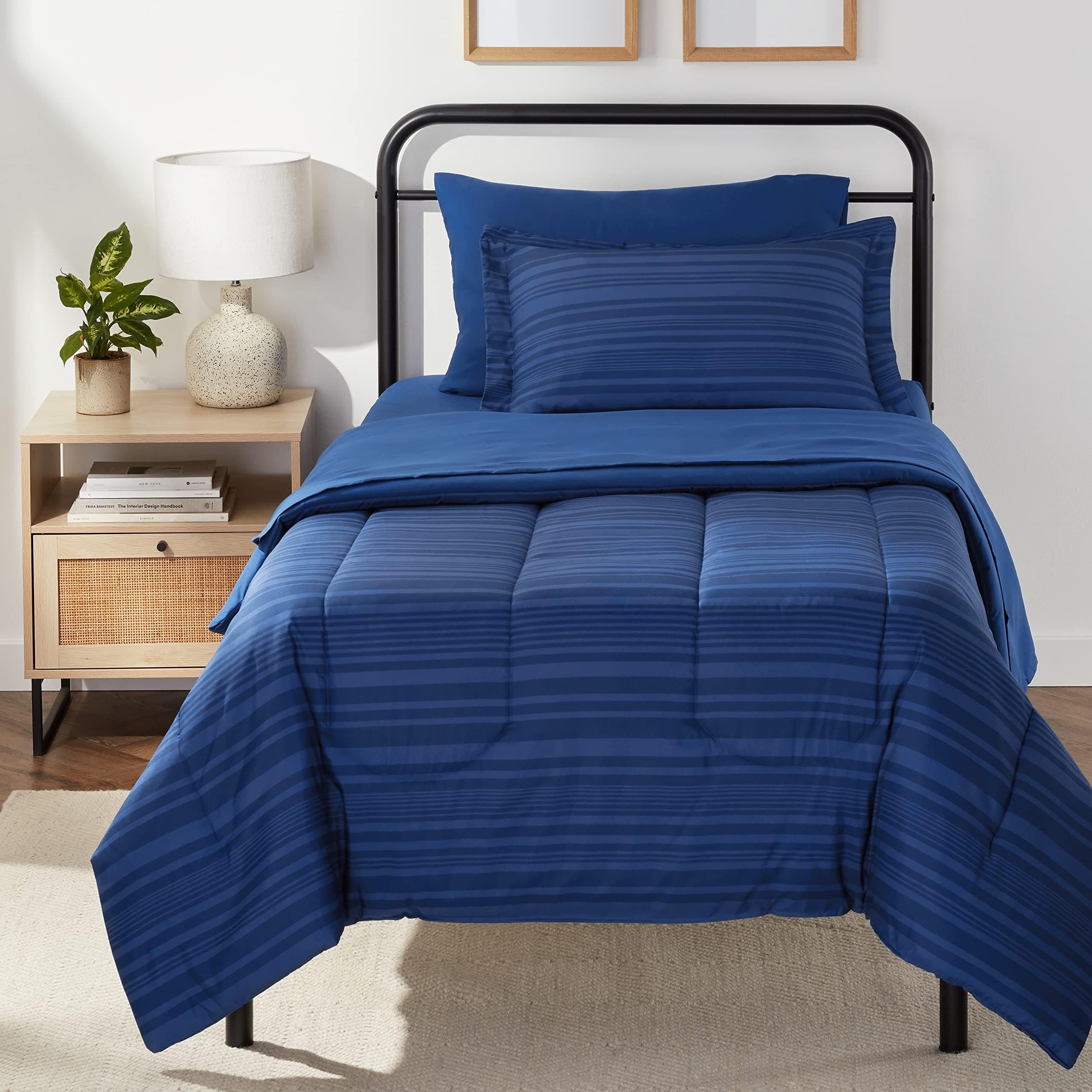 Amazon Basics Twin/Twin XL Comforter Set with Sheets, 5-Piece Blue Calvin Striped Bedding, Lightweight Microfiber Bed-in-a-Bag