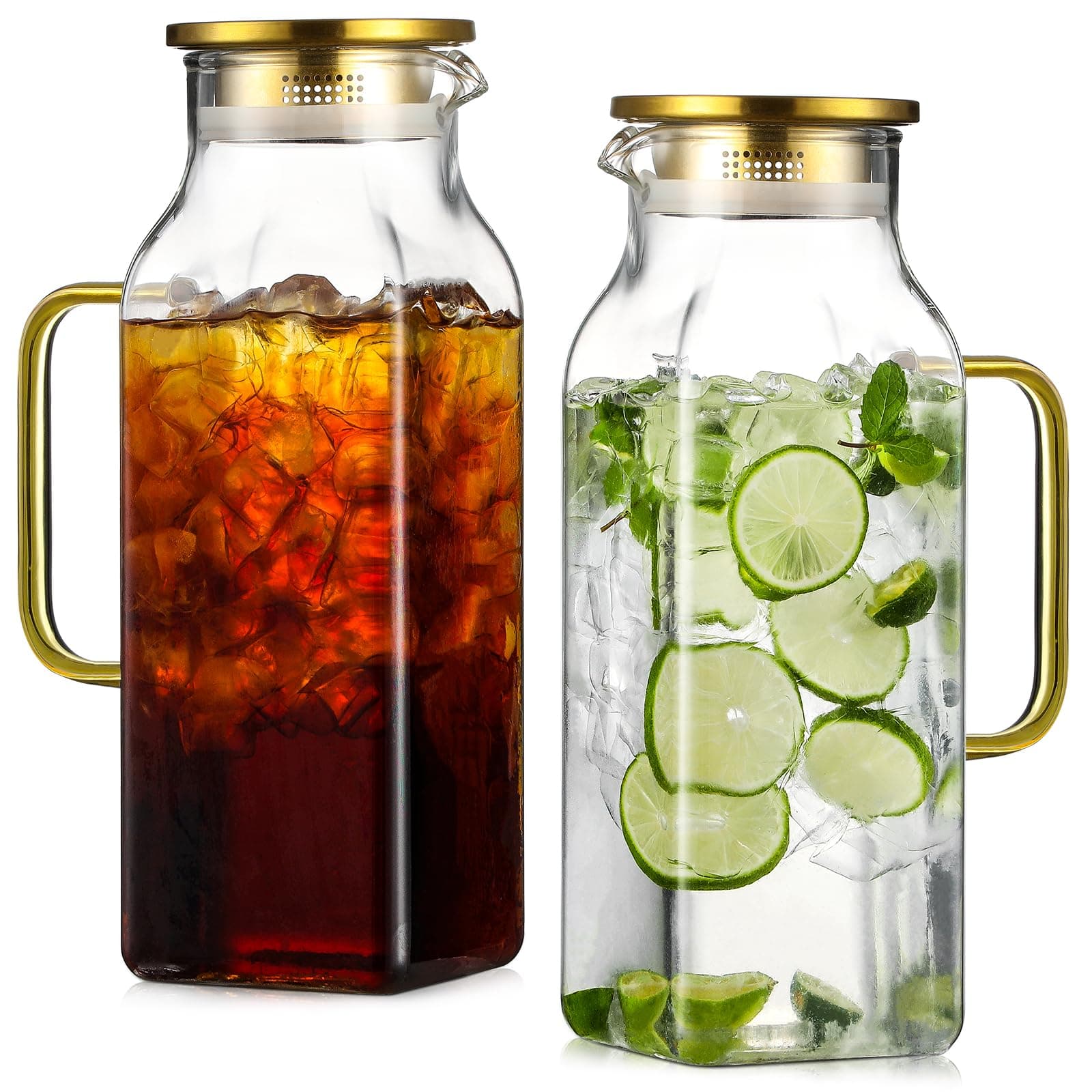 2 Pack 2 Liters/68 oz Square Glass Pitcher with Lid and Handle for Fridge, Iced Tea and Coffee Carafe Beverage Serveware, Heat Resistant Borosilicate Water Gold Jug for Hot/Cold Drinks and Milk