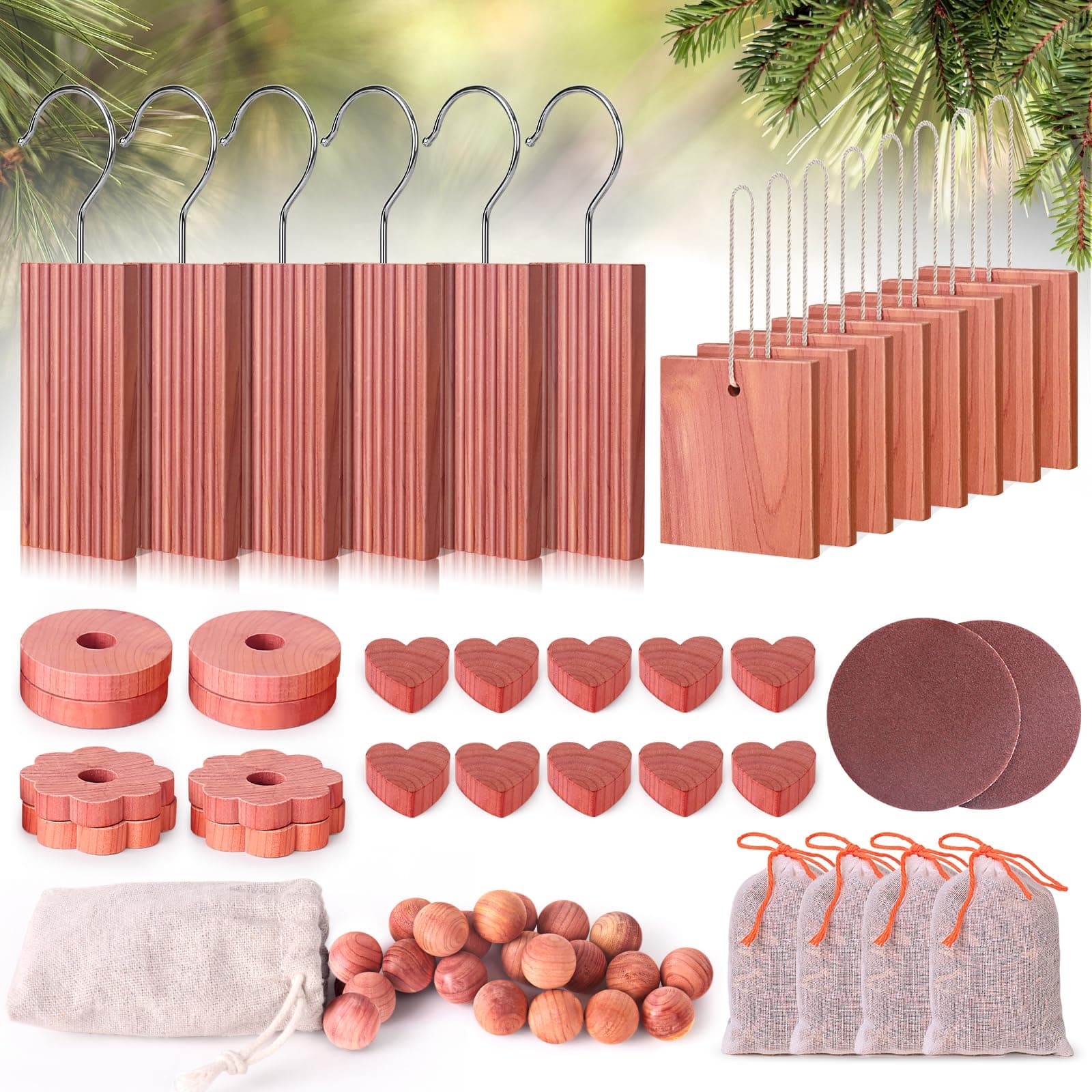 Cedar Blocks for Clothes Storage 56 Pcs, 100% Aromatic Planks with Metal Hooks, Cedar Wood Chips and Balls for Closets and Drawers, Fresh Scented Sachets