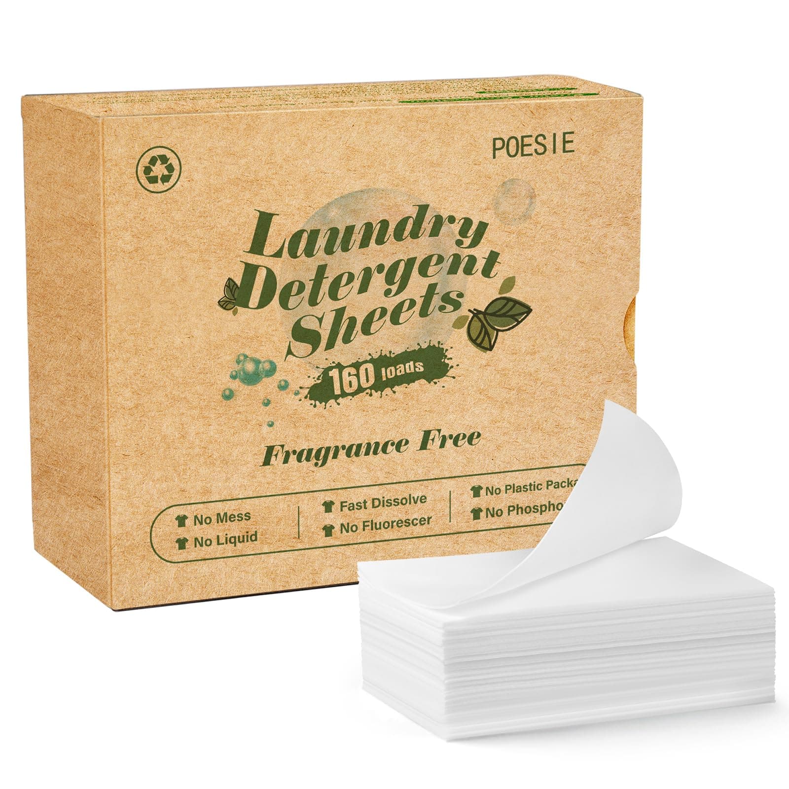 Poesie Laundry Detergent Sheets Fragrance Free Non-Plastic Precut Zero Waste 160 Count Liquidless Washing Strips for Home Dorm Travel Camping Hiking Portable