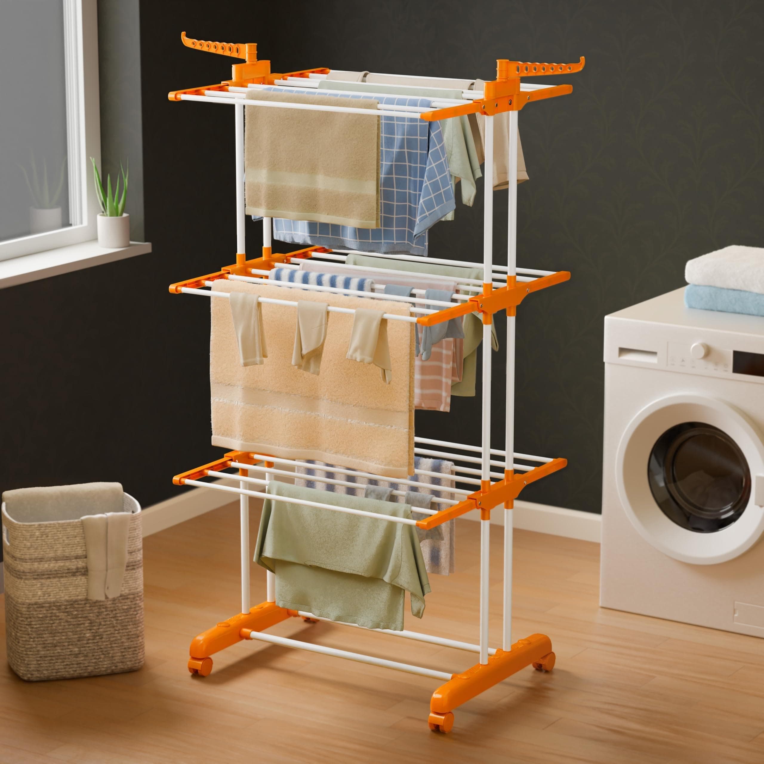 Happer Premium Double Supported 3 Layer Cloth Drying Stand With Breaking Wheels, Prince Jumbo (Orange)