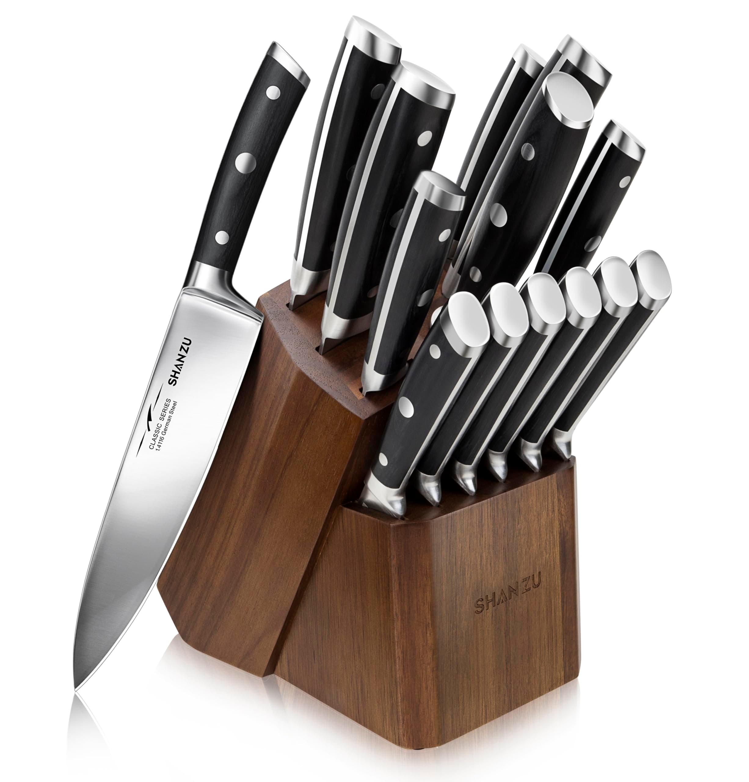SHAN ZU Kitchen Knife Block Set, Kitchen Knife Set With Knife Block, 14-Piece German Super Steel Stainless Steel Knife Set With Detachable Knife Block and Ergonomic Handle