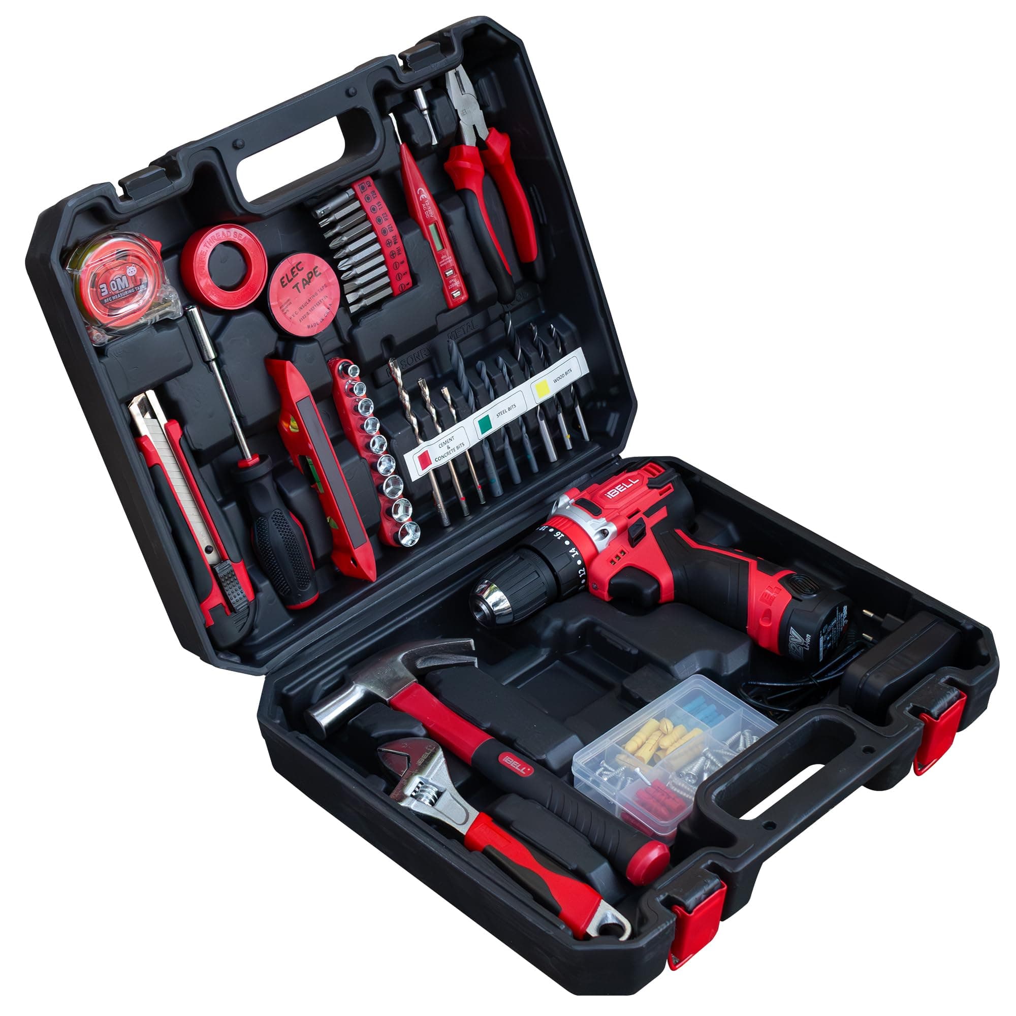 IBELL CT12-30 Tool kit with Cordless Impact drill machine & 101 Home Essential Tools/Accessories