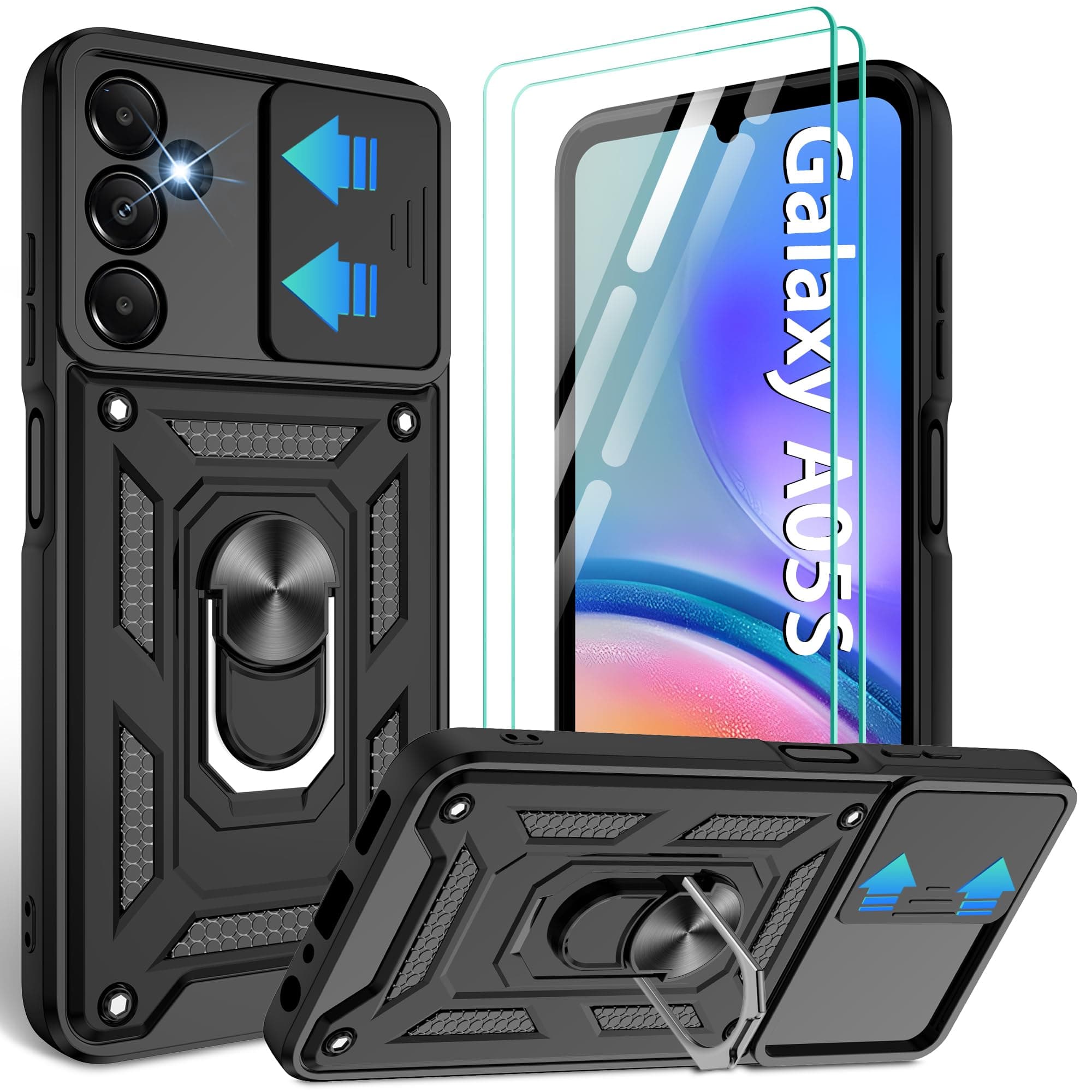 Gritup for Samsung Galaxy A05s-4G Case with Screen Protector[2 Pcs] with Slide Camera Cover, 360°Rotation Ring Kickstand丨 [Military Grade] Heavy Duty Shockproof Protection,Black