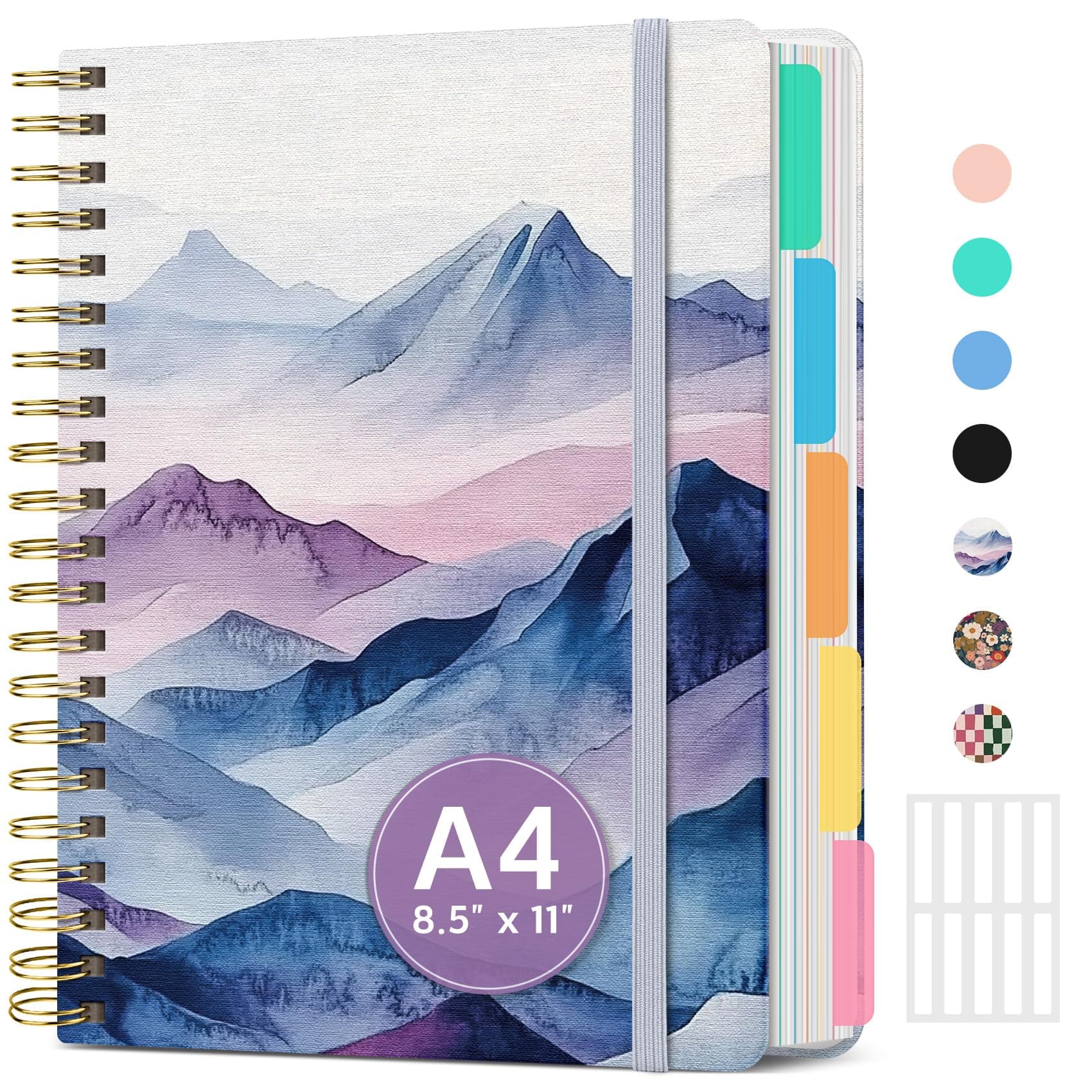 Large Spiral Lined Notebooks for Work with Removable Dividers & Tabs, 8.5"x11" Pretty Hardcover 5 Subject Notebook Journal for Women, College Ruled, Perfect for Study & Office Organization, 280 Pages,Distant Peaks
