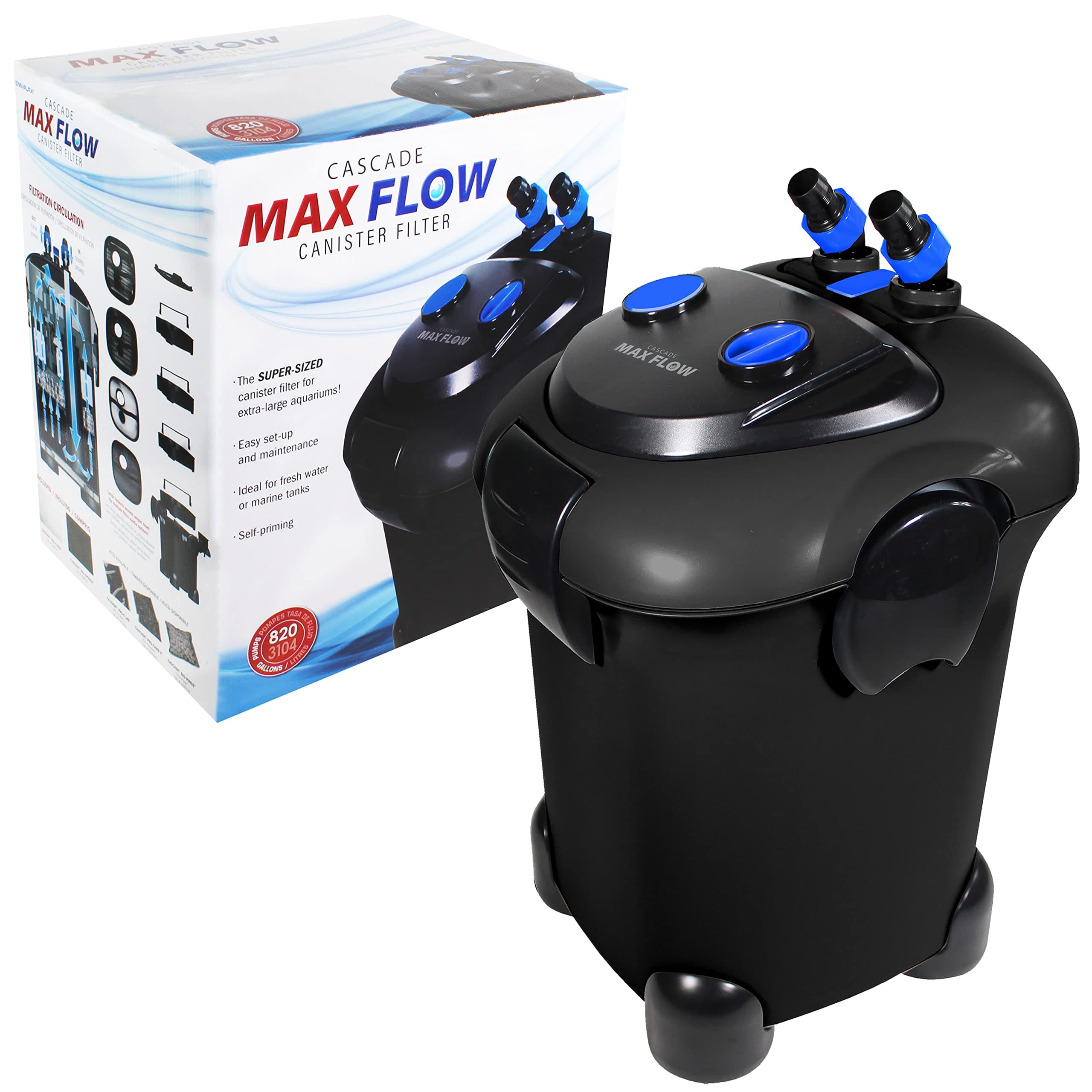 Penn-Plax Cascade Max Flow Aquarium Canister Filter – Great for Extra Large Fish Tanks – Freshwater and Saltwater Compatible – 820 Gallons per Hour (GPH)