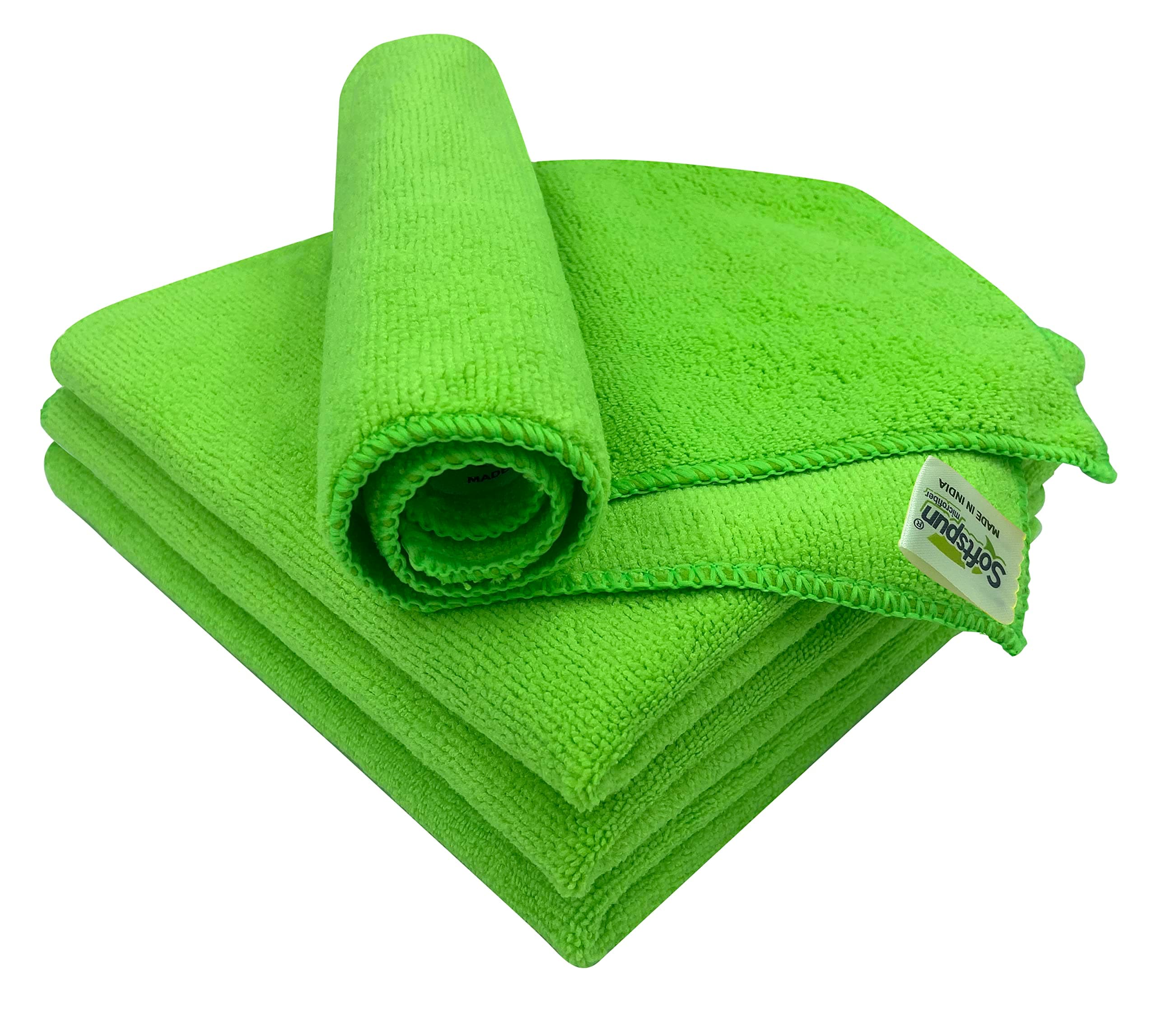 SOFTSPUN Microfiber High Loop Cleaning Cloths, 40x40 cms 4 pcs Towel Set 340 GSM (Green). Automotive Towels, Thick Lint & Streak-Free Multipurpose Cloths.…