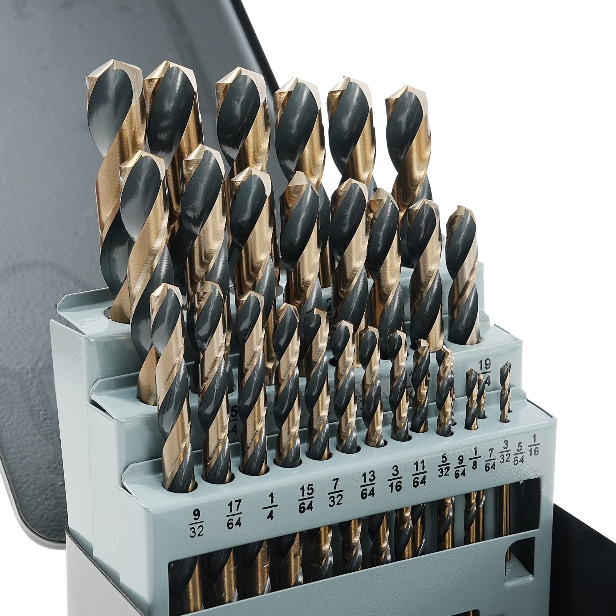 GMTOOLS 29Pcs Cobalt Drill Bit Set, 135 Degree Tip High Speed Steel with Black and Gold Finish, Stainless Steel, Plastic and Wood with Metal Indexed Storage Case 1/16"-1/2"