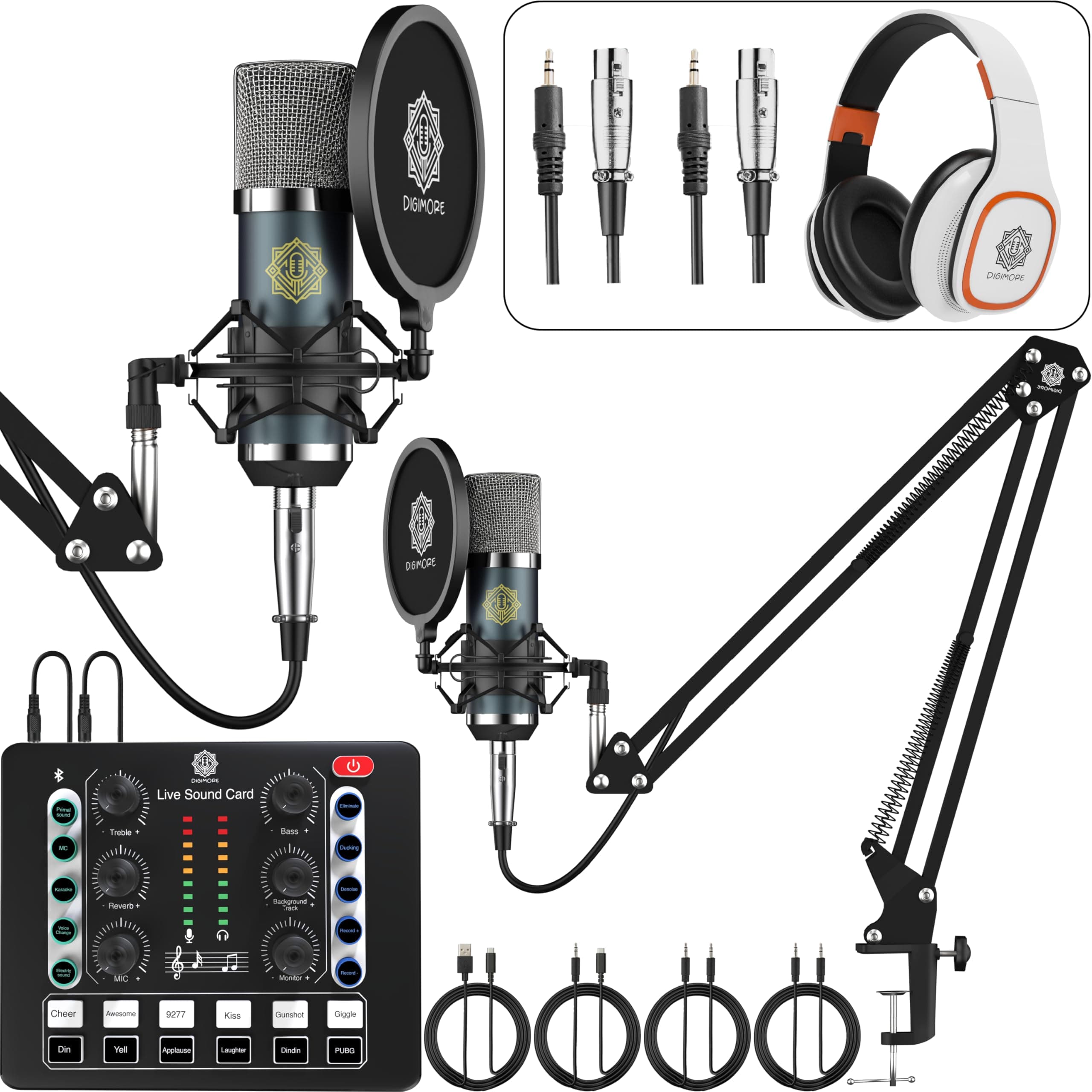 - DIGIMORE Dual Condenser Microphone Kit for Singing with D-220 Sound Card | Studio Recording Equipments Full Set, Voice Recorder Mic, Karaoke, Gaming, Podcast & Lecture (D-442)
