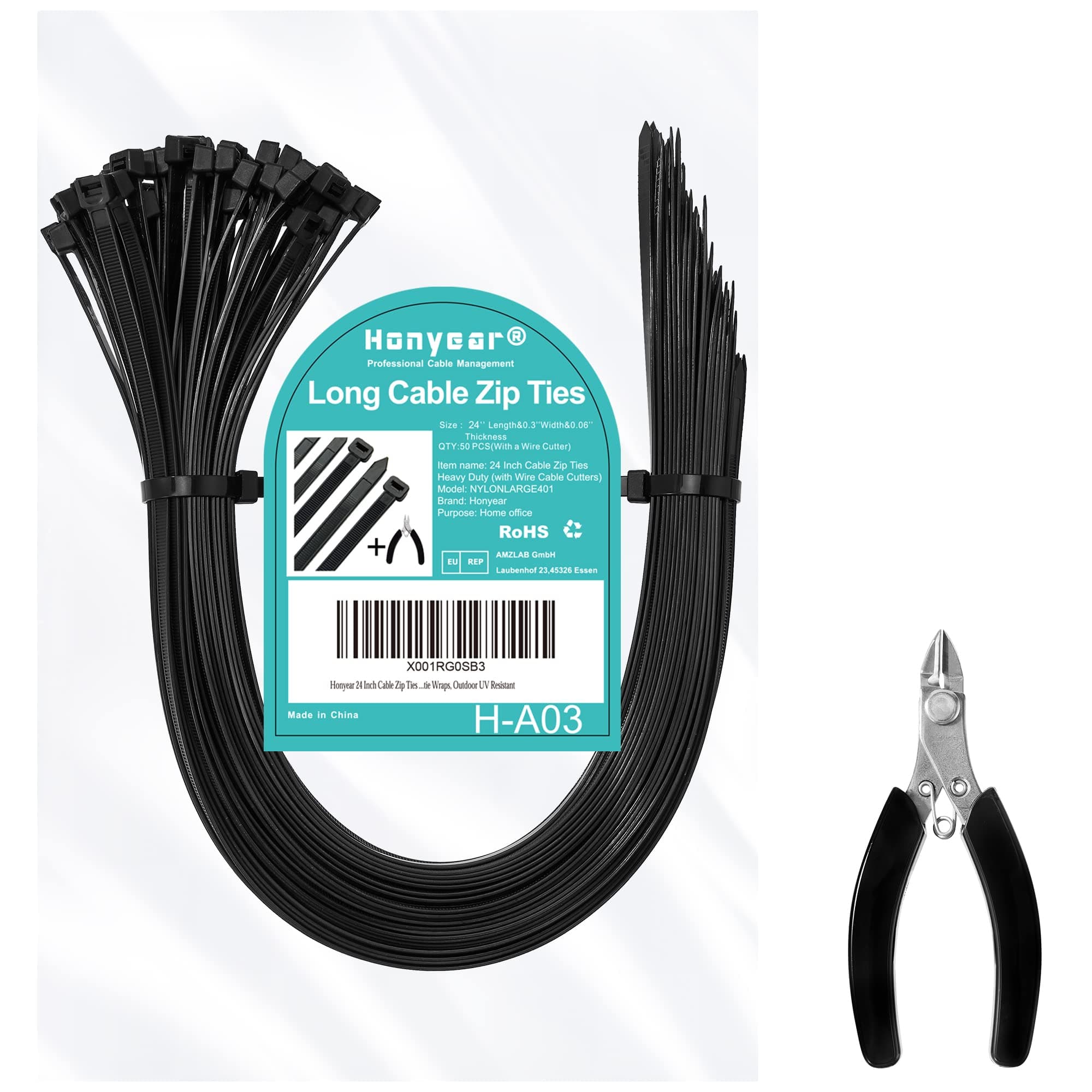 24 Inch Cable Zip Ties Heavy Duty (with Wire Cable Cutters), Strong Large Black Zip Ties with 175 Pounds Tensile Strength, 50 Pack, Long Durable Nylon Black tie Wraps, Outdoor UV Resistant